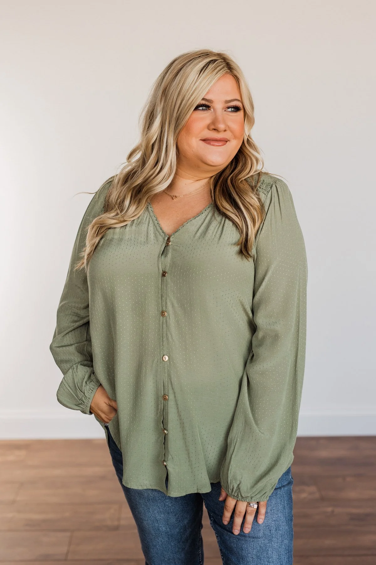 Uniquely Beautiful Lace Long Sleeve Blouse- Olive - Image 2