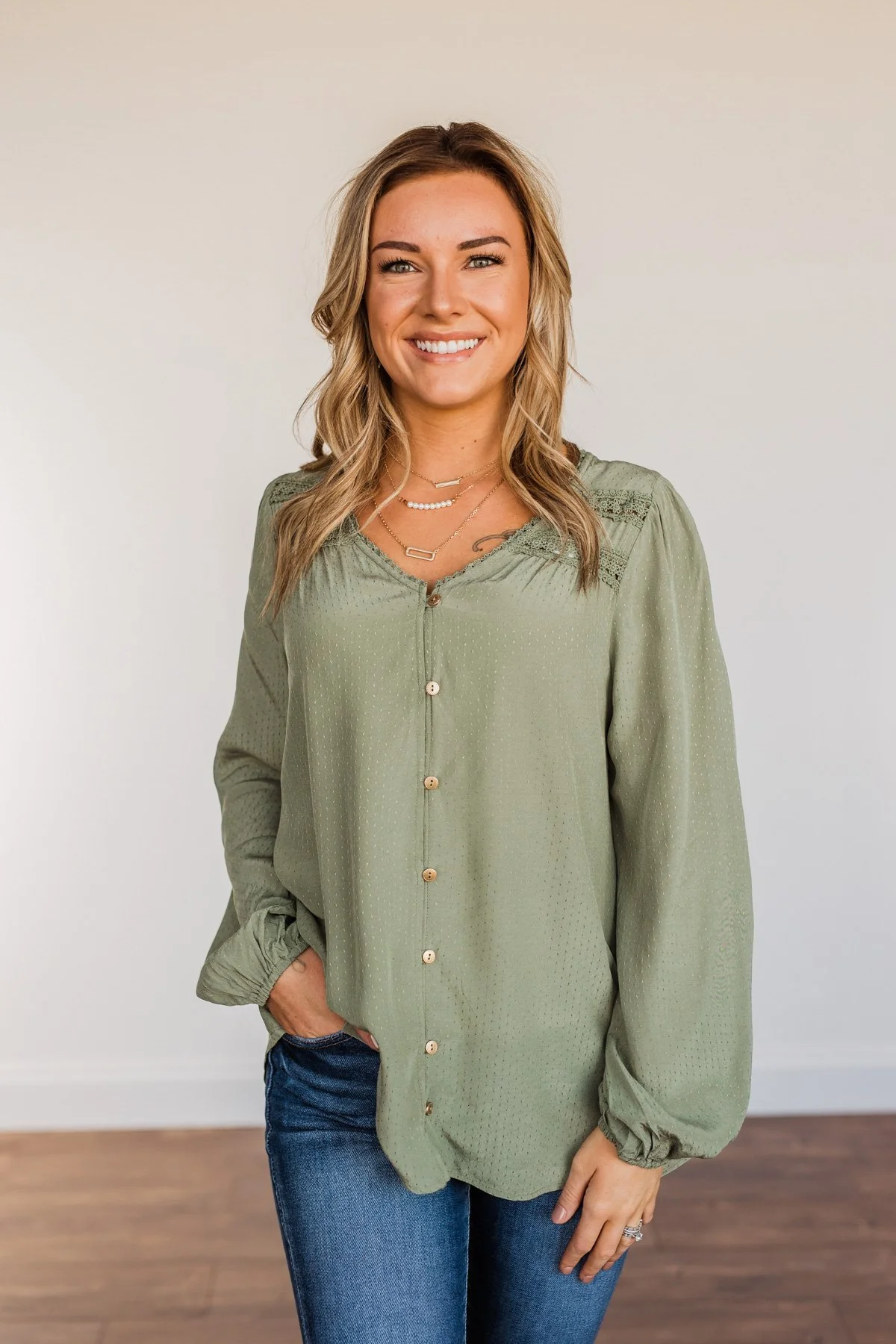 Uniquely Beautiful Lace Long Sleeve Blouse- Olive - Image 3