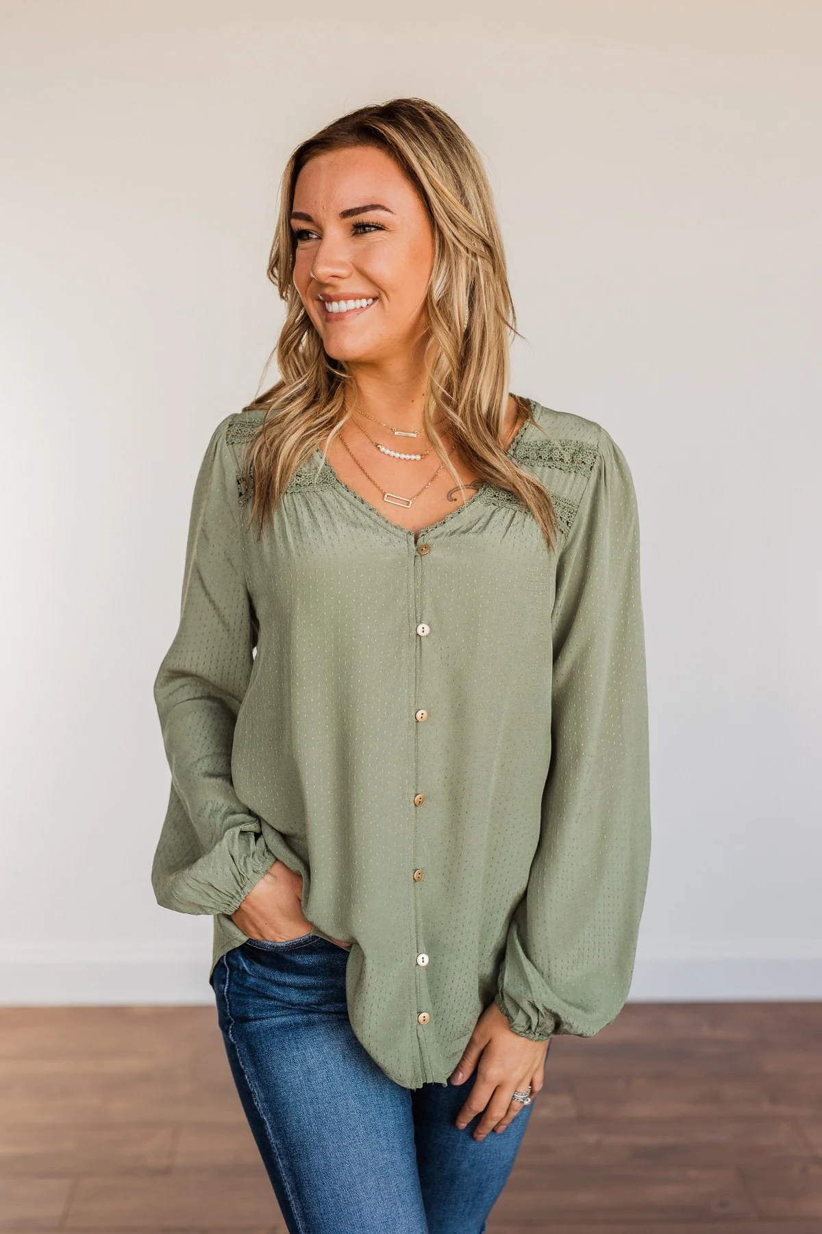 Uniquely Beautiful Lace Long Sleeve Blouse- Olive - Image 5