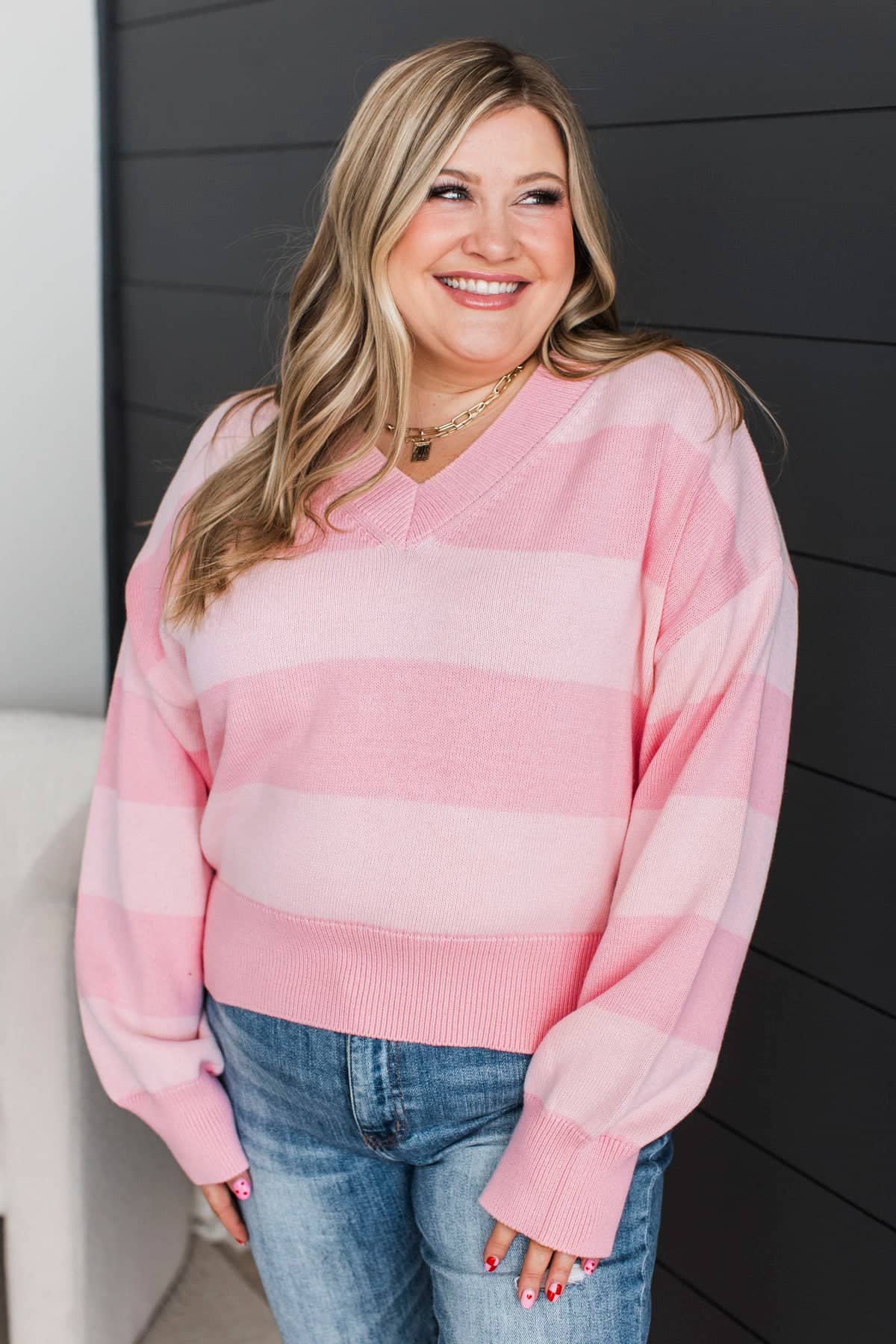 Uniquely Me Striped V-Neck Knit Sweater- Light Pink - Image 3