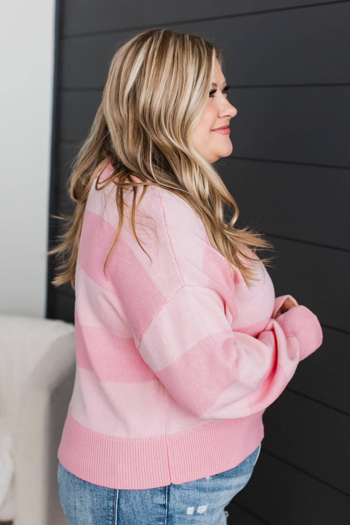 Uniquely Me Striped V-Neck Knit Sweater- Light Pink - Image 5