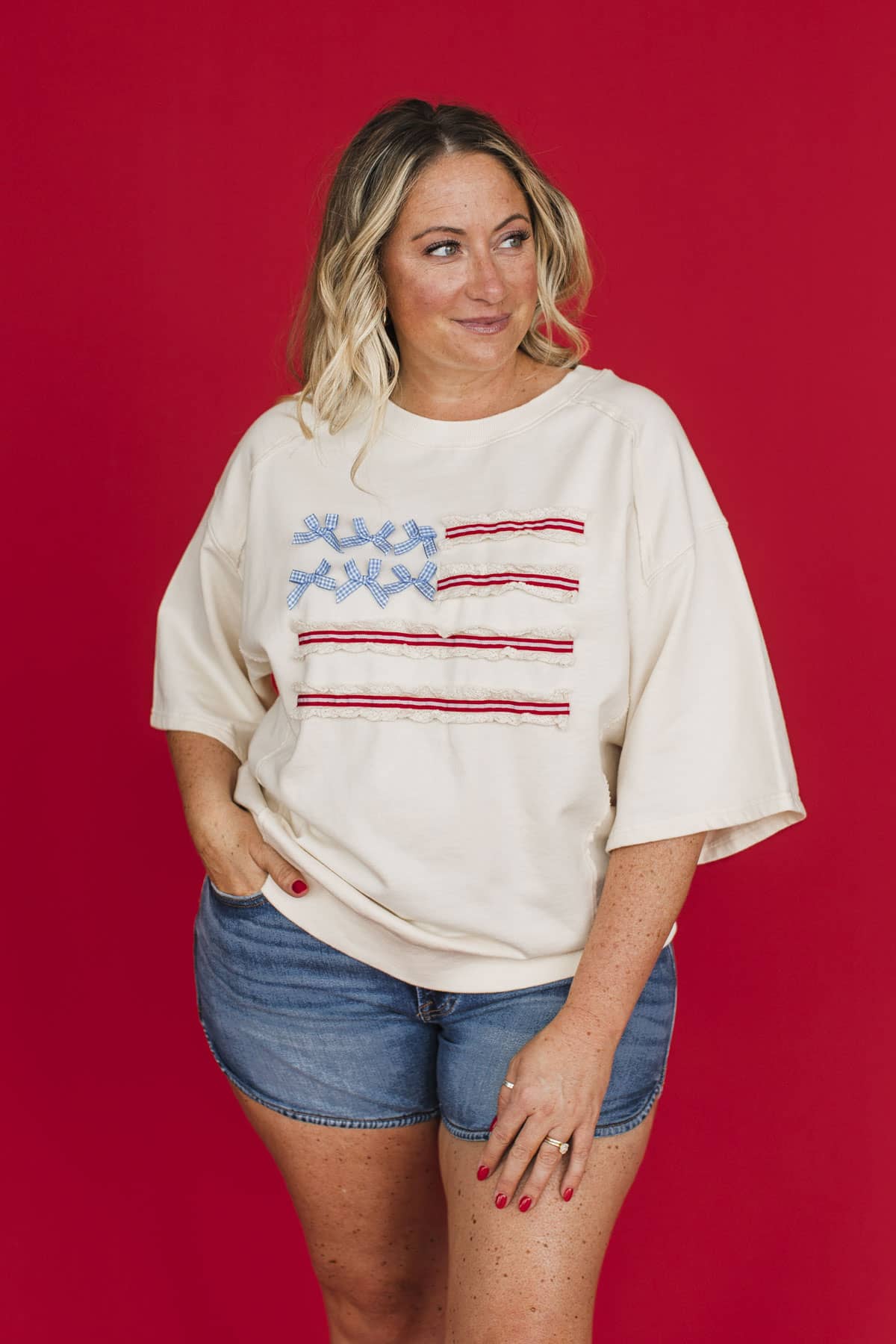 United We Stand Short Sleeve Pullover Top- Cream - Image 2