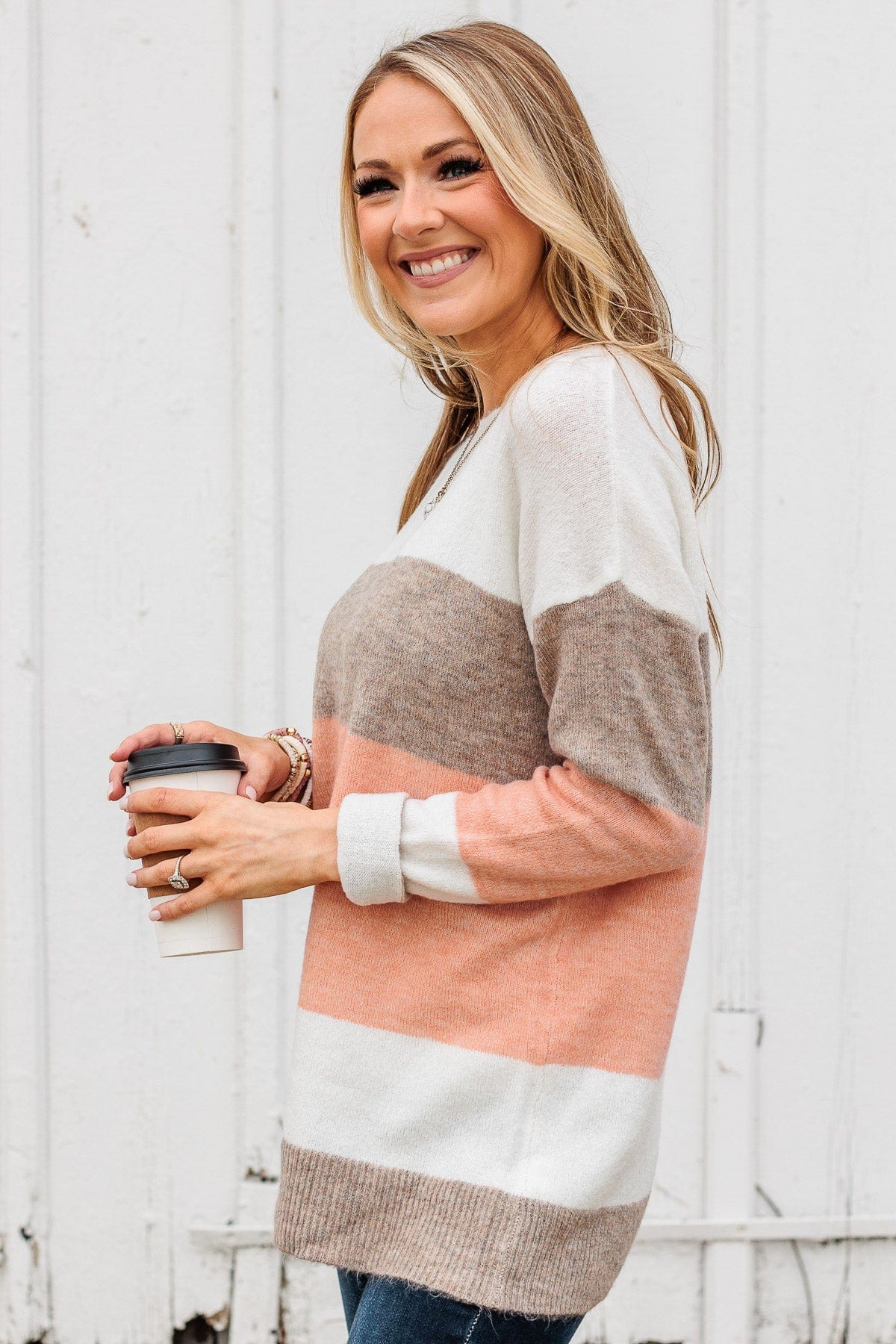 Unleash Your Shine Color Block Sweater- White, Mocha, & Pink - Image 12