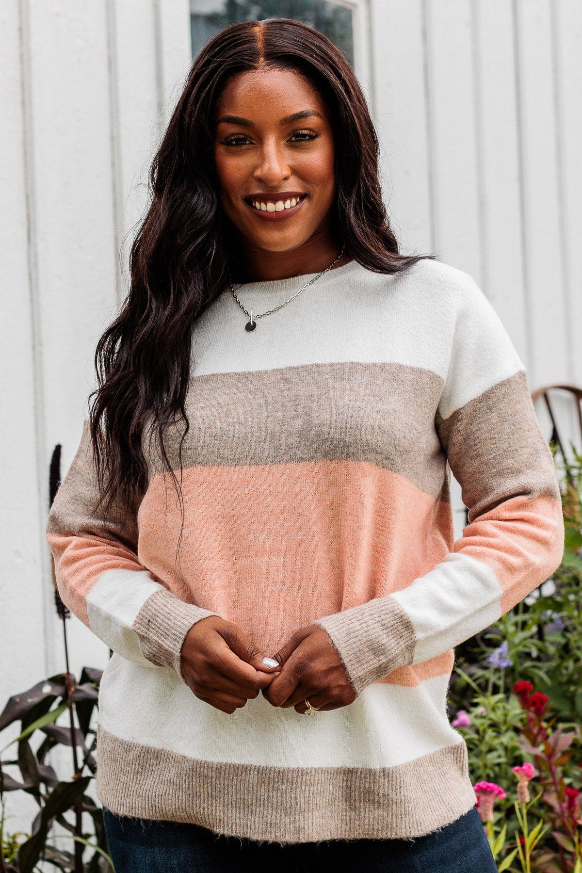 Unleash Your Shine Color Block Sweater- White, Mocha, & Pink - Image 2