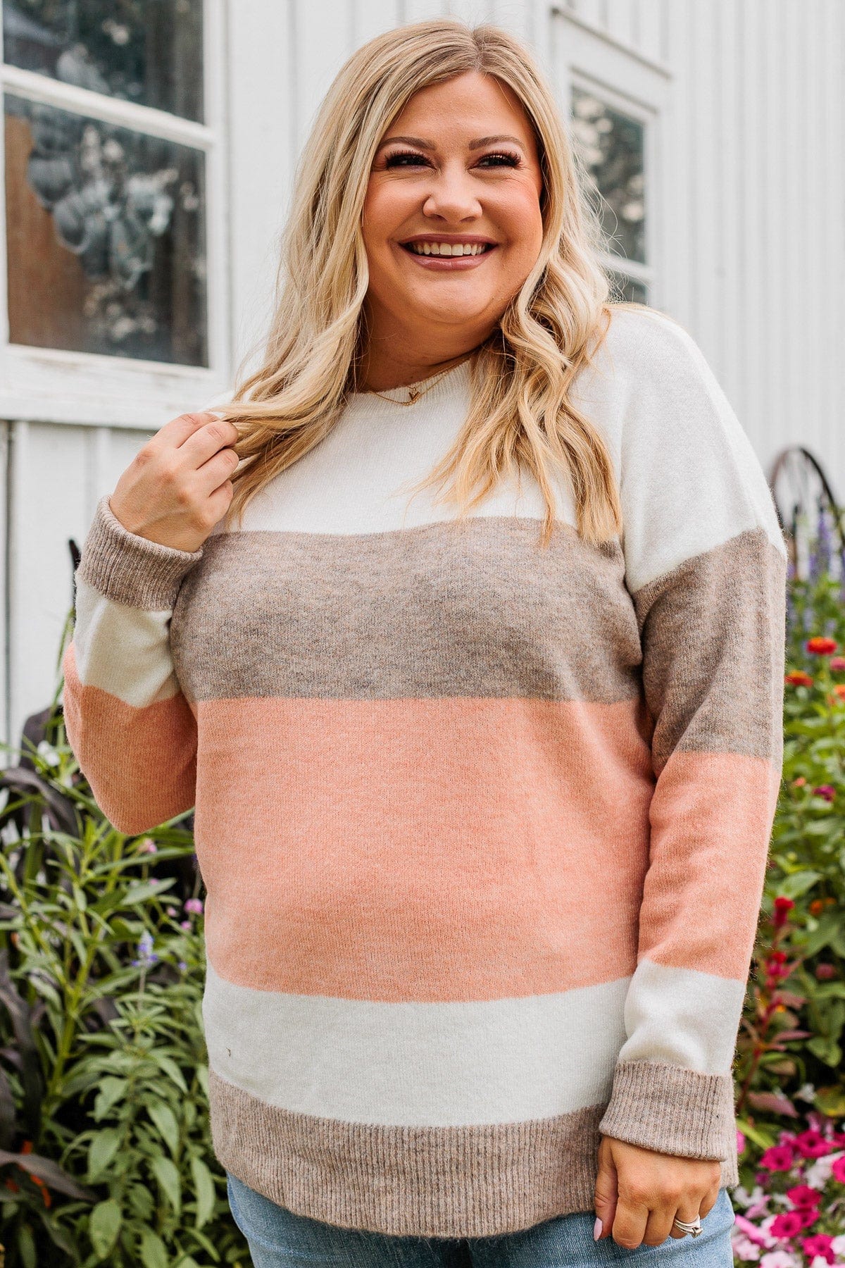 Unleash Your Shine Color Block Sweater- White, Mocha, & Pink - Image 5