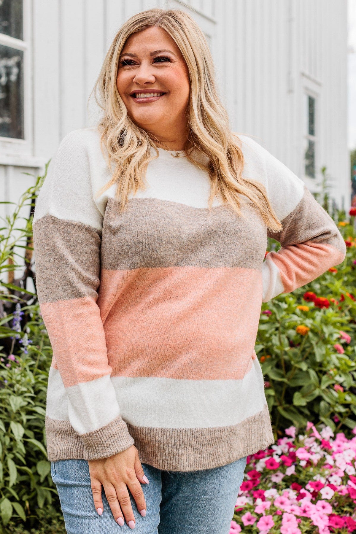 Unleash Your Shine Color Block Sweater- White, Mocha, & Pink - Image 8