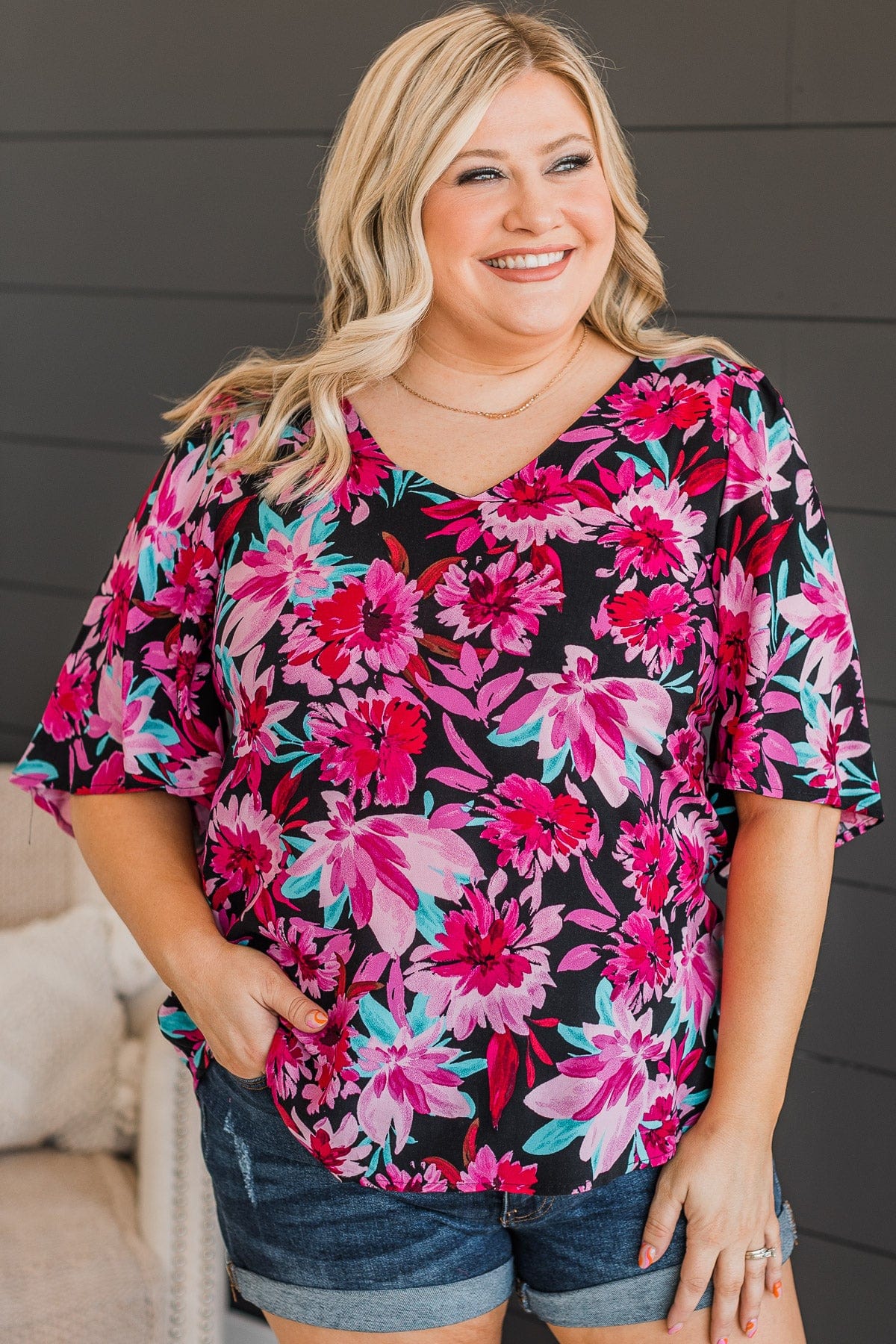 Unlimited Passion Floral Knit Top- Black & Fuchsia - Image 2