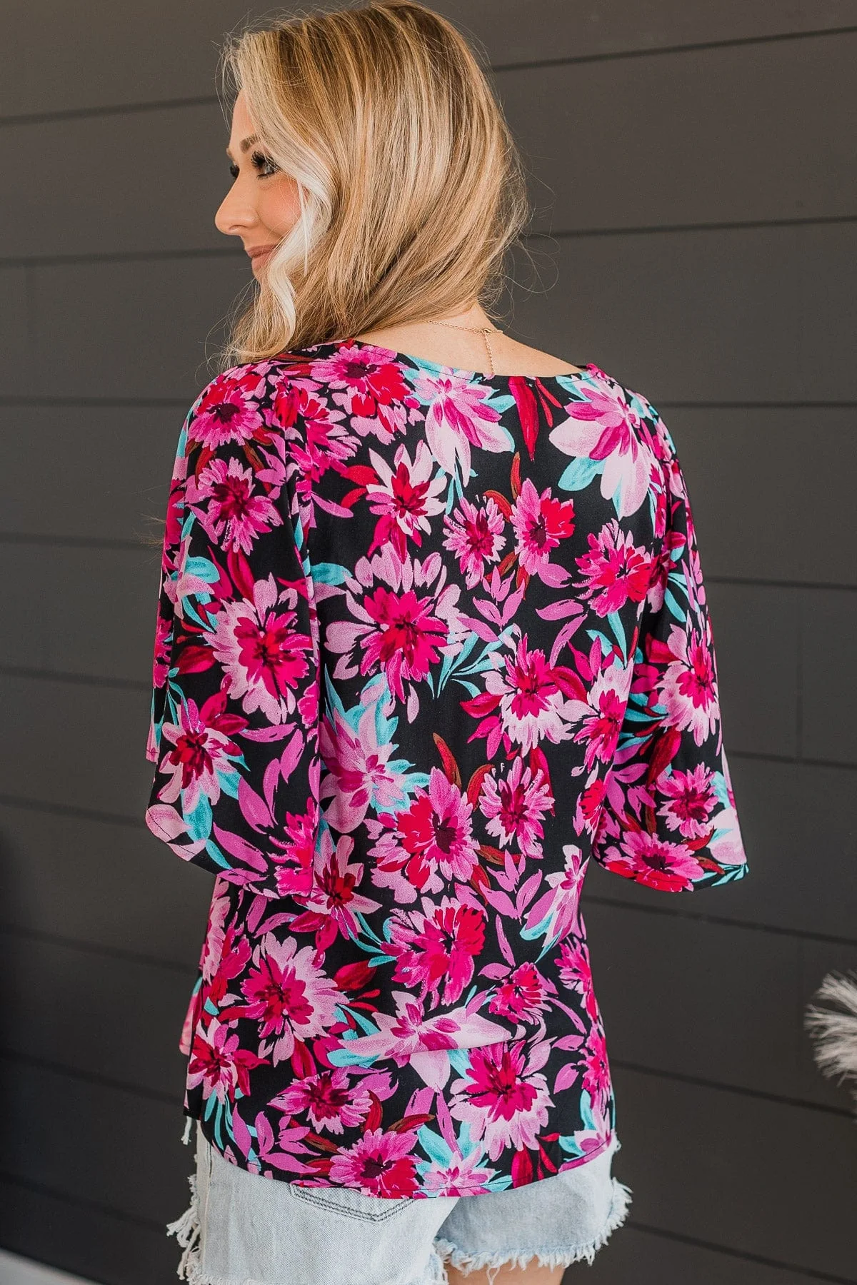 Unlimited Passion Floral Knit Top- Black & Fuchsia - Image 7