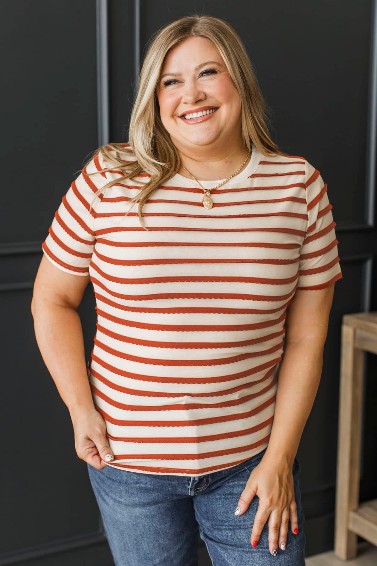 Unlock Your Mind Striped Short Sleeve Top- Beige & Copper - Image 3