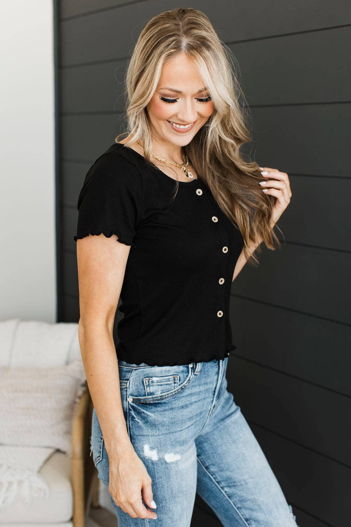 Unparalleled Beauty Ribbed Button Top- Black - Image 4