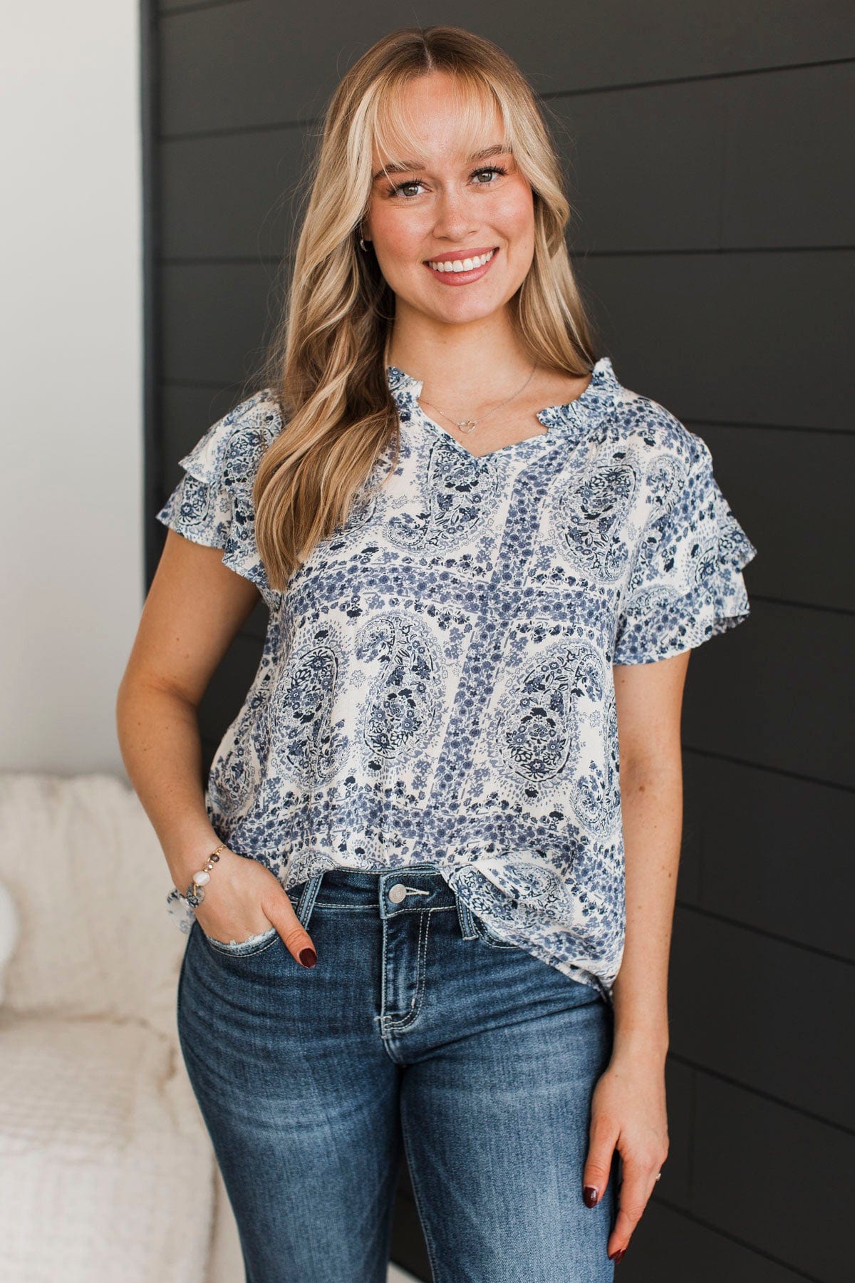 Unreal Beauty Printed Blouse- Denim Blue - Image 3