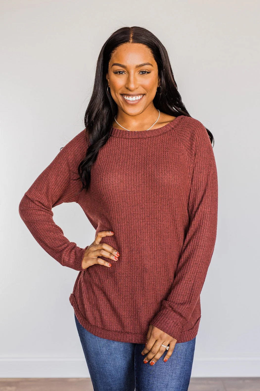 Unspeakable Beauty Knit Long Sleeve Top- Burgundy - Image 3