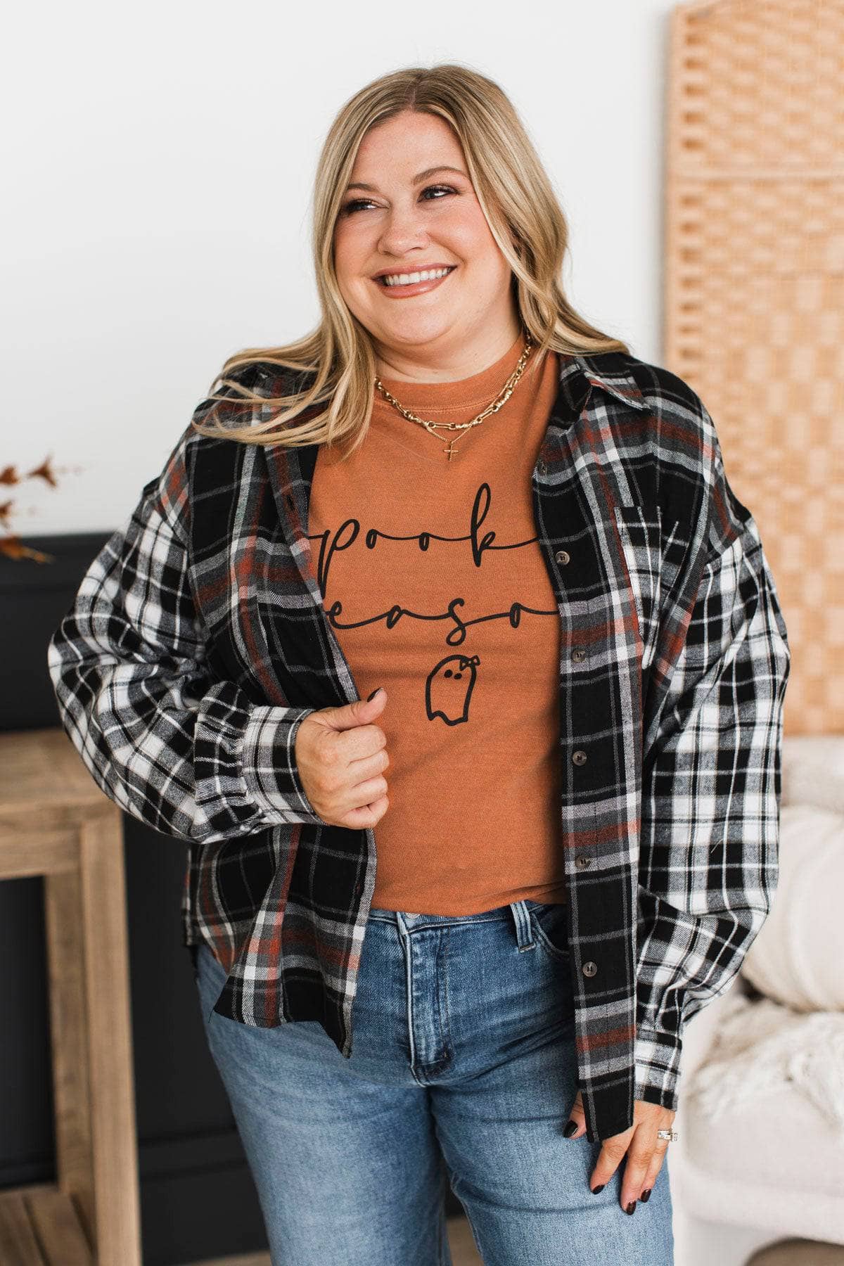 Unstoppable Force Plaid Button Top- Black