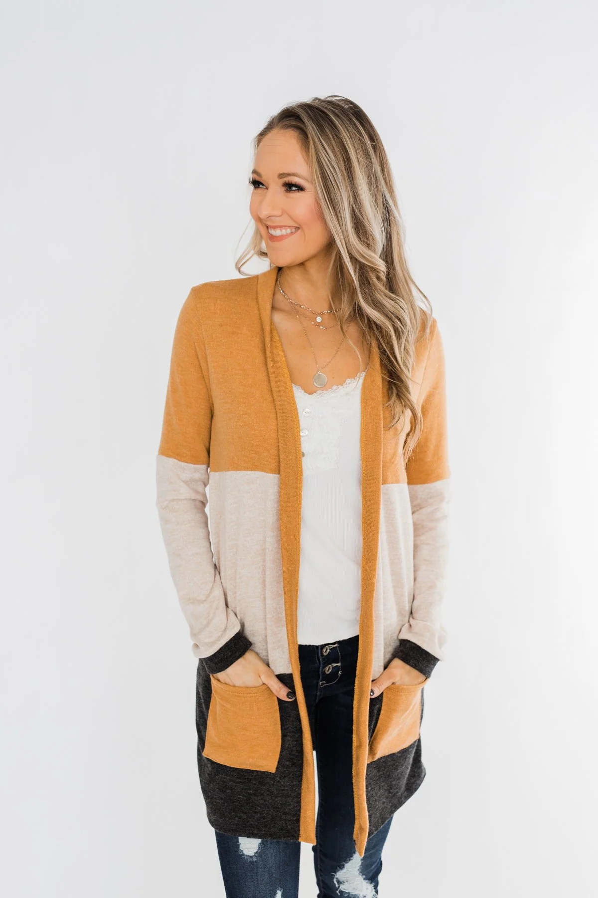 Until Tomorrow Color Block Cardigan- Mustard & Charcoal - Image 3