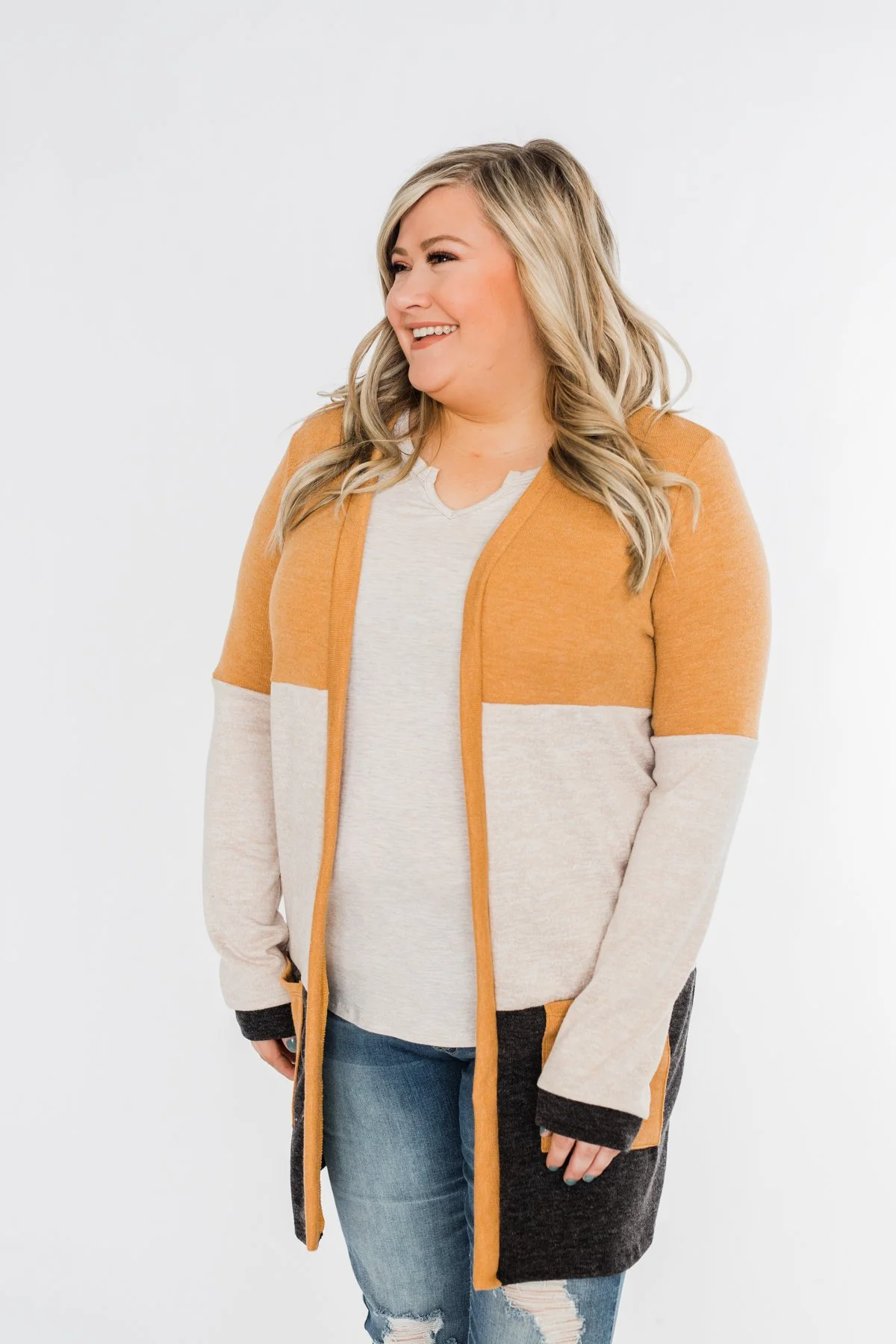 Until Tomorrow Color Block Cardigan- Mustard & Charcoal - Image 6