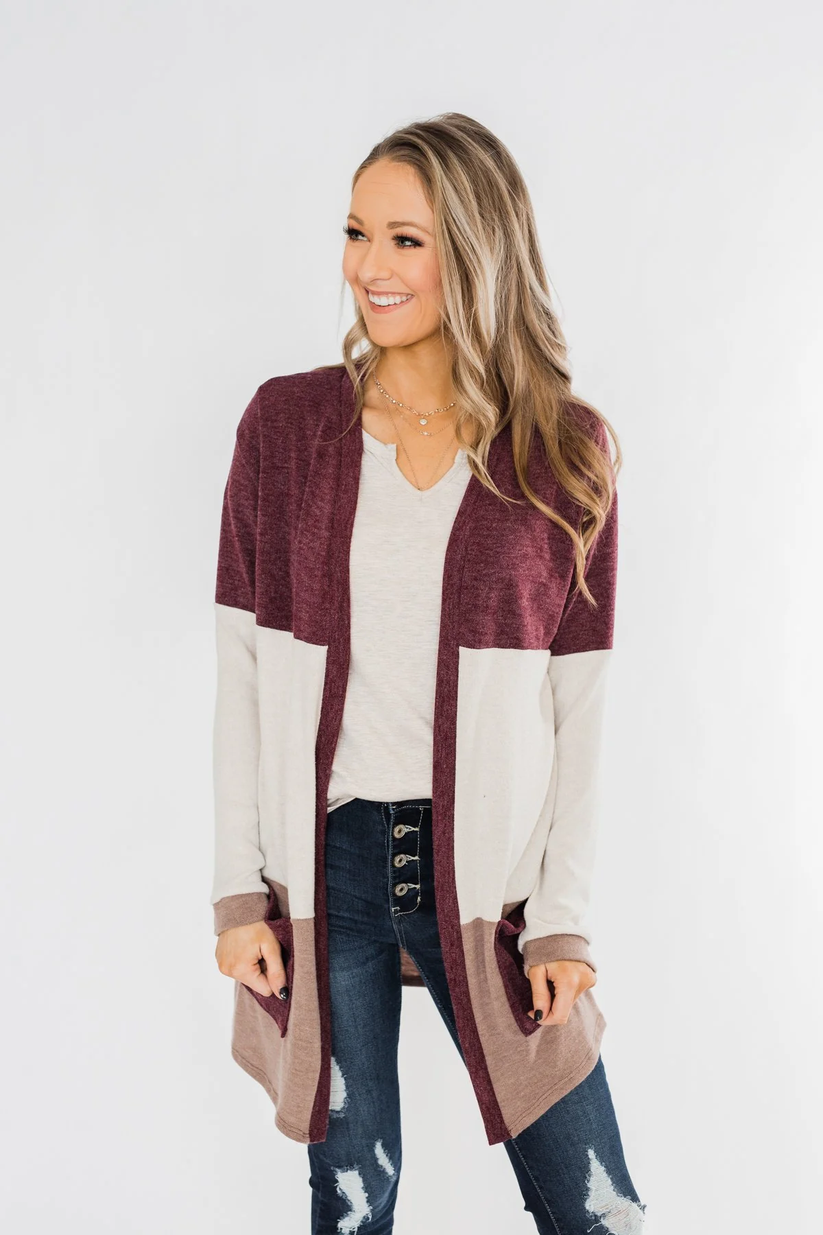 Until Tomorrow Color Block Cardigan- Plum & Mocha - Image 2
