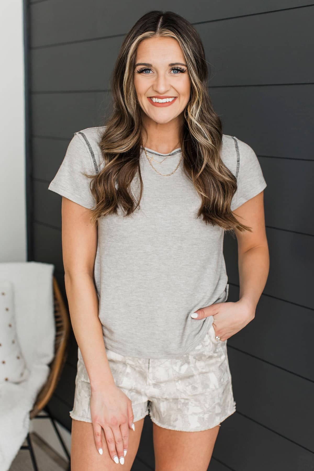 Up To Something Short Sleeve Ribbed Top- Light Grey - Image 4