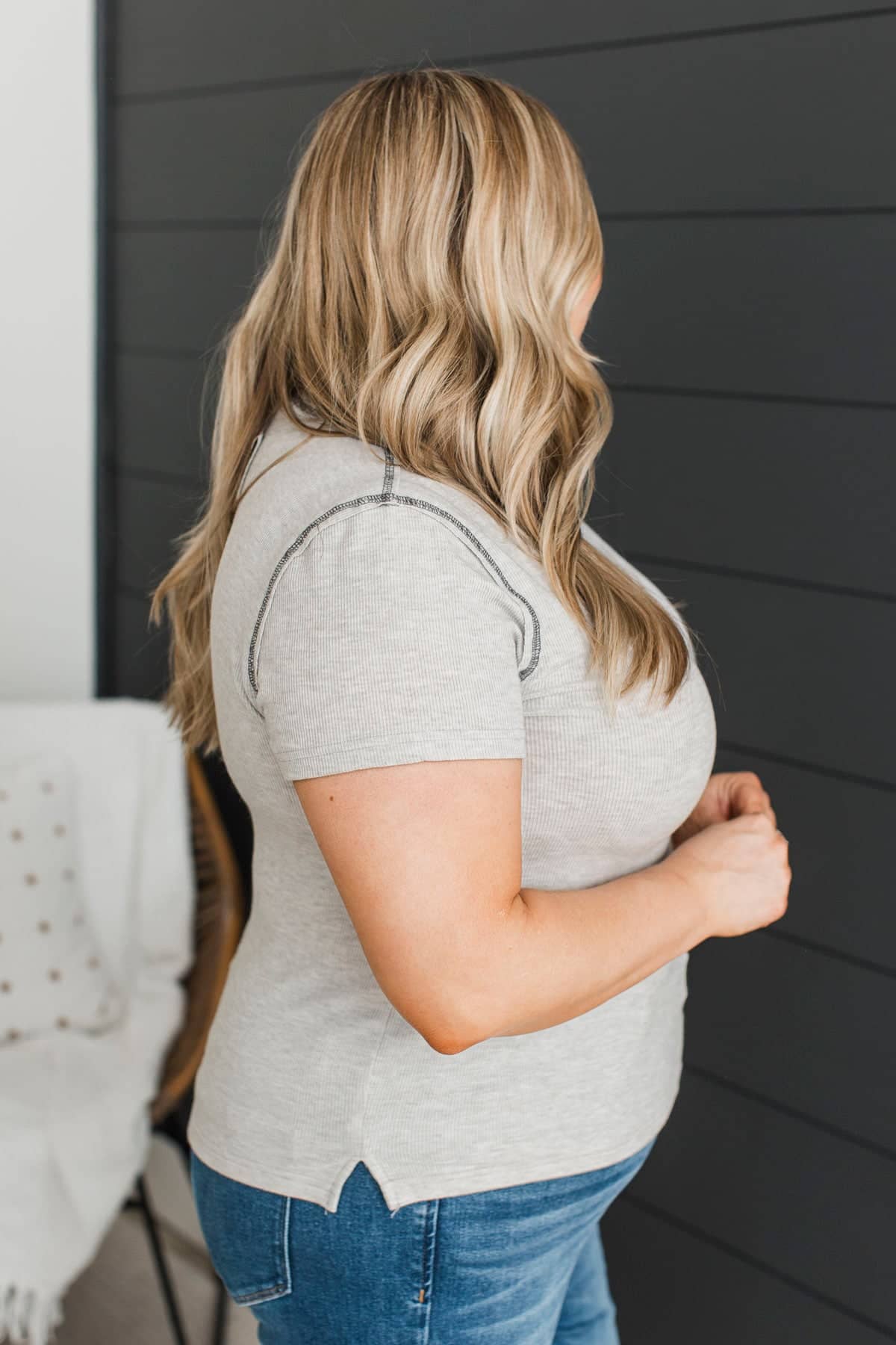 Up To Something Short Sleeve Ribbed Top- Light Grey - Image 5