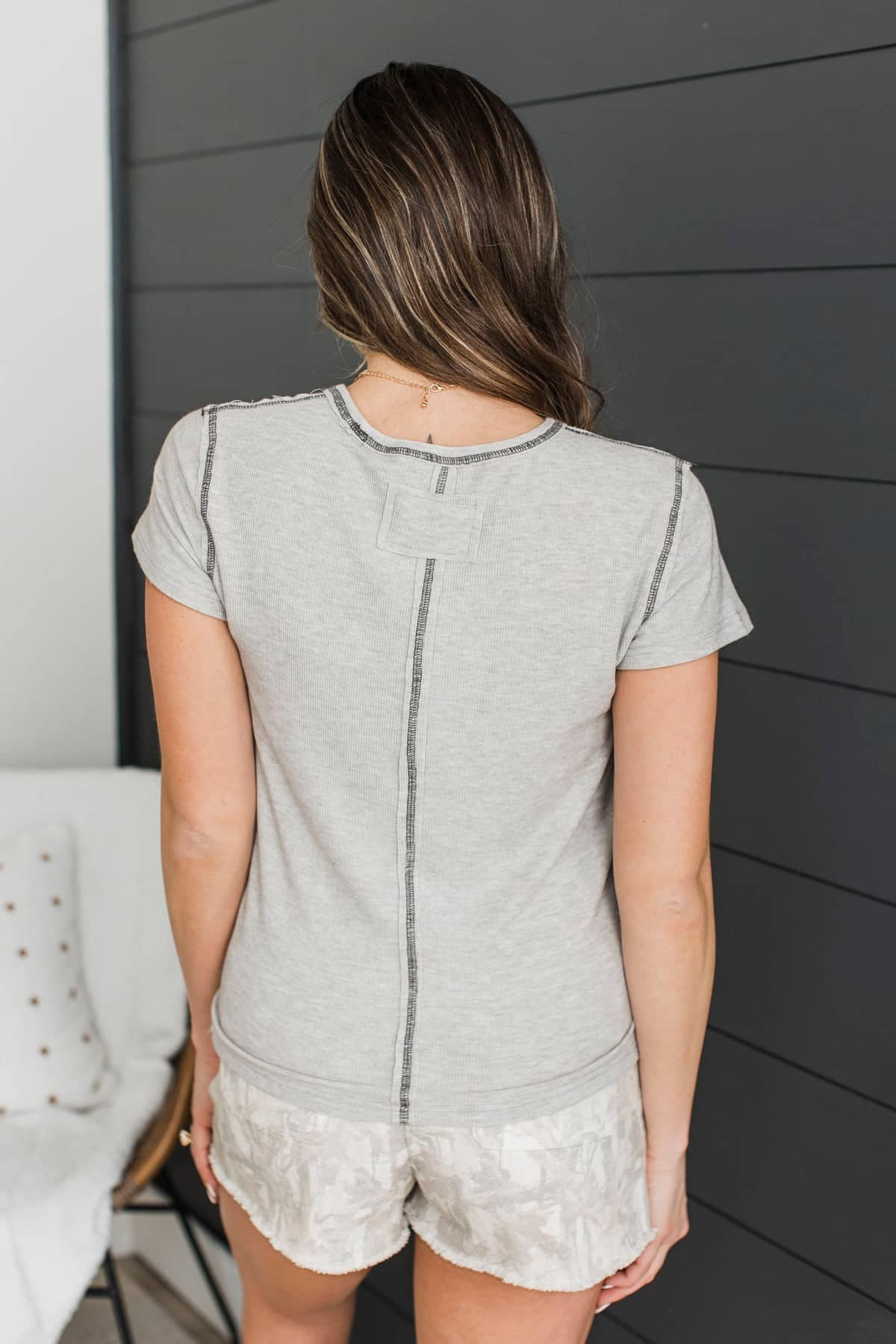 Up To Something Short Sleeve Ribbed Top- Light Grey - Image 8