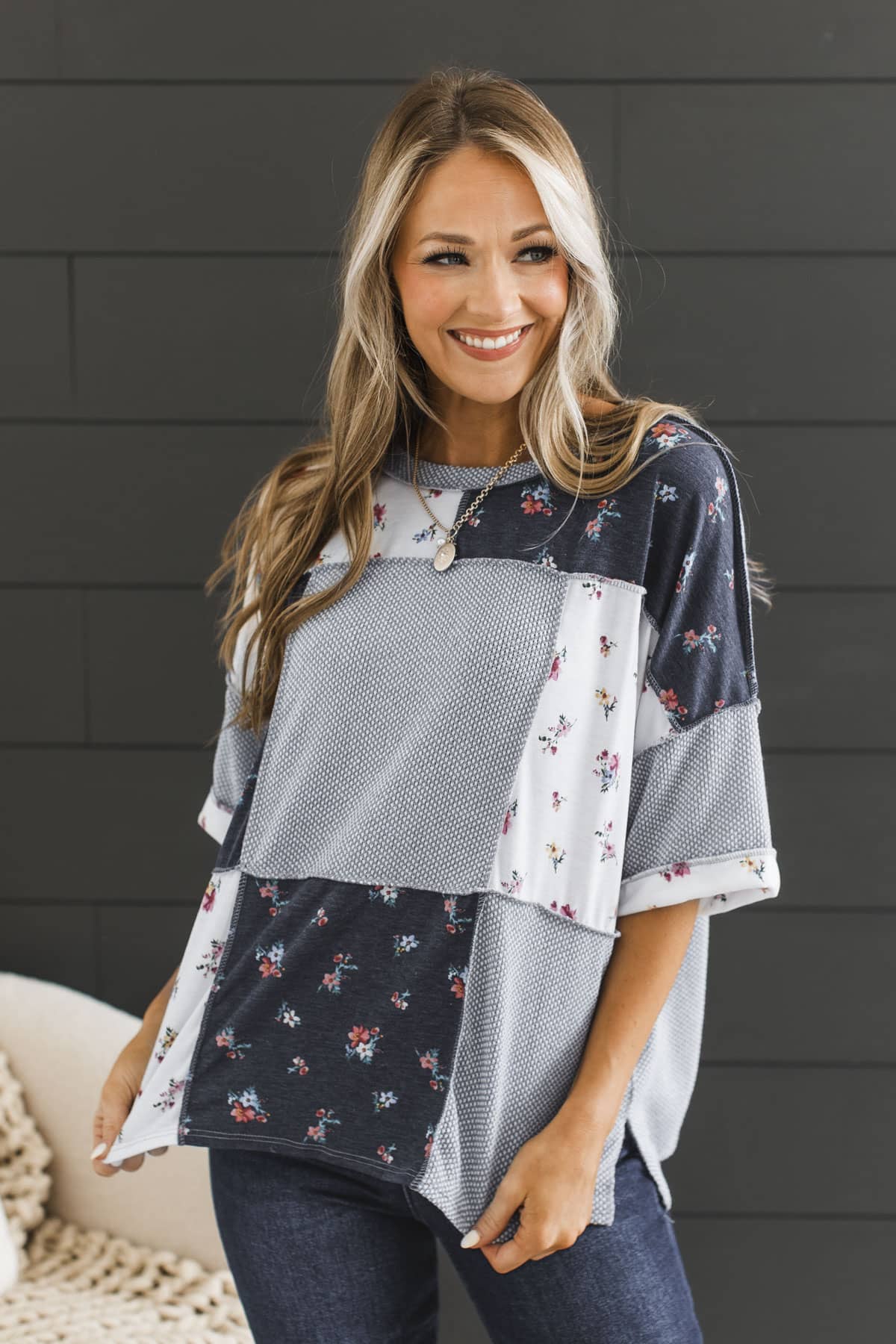 Up With The Sun Fabric Block Short Sleeve Top- Grey Multi - Image 2