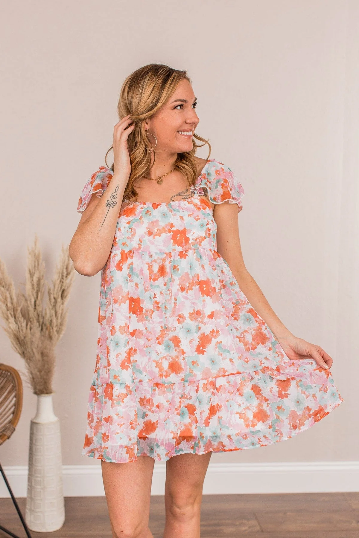 Uplifting Confidence Babydoll Mini Dress- Coral & Green - Image 2