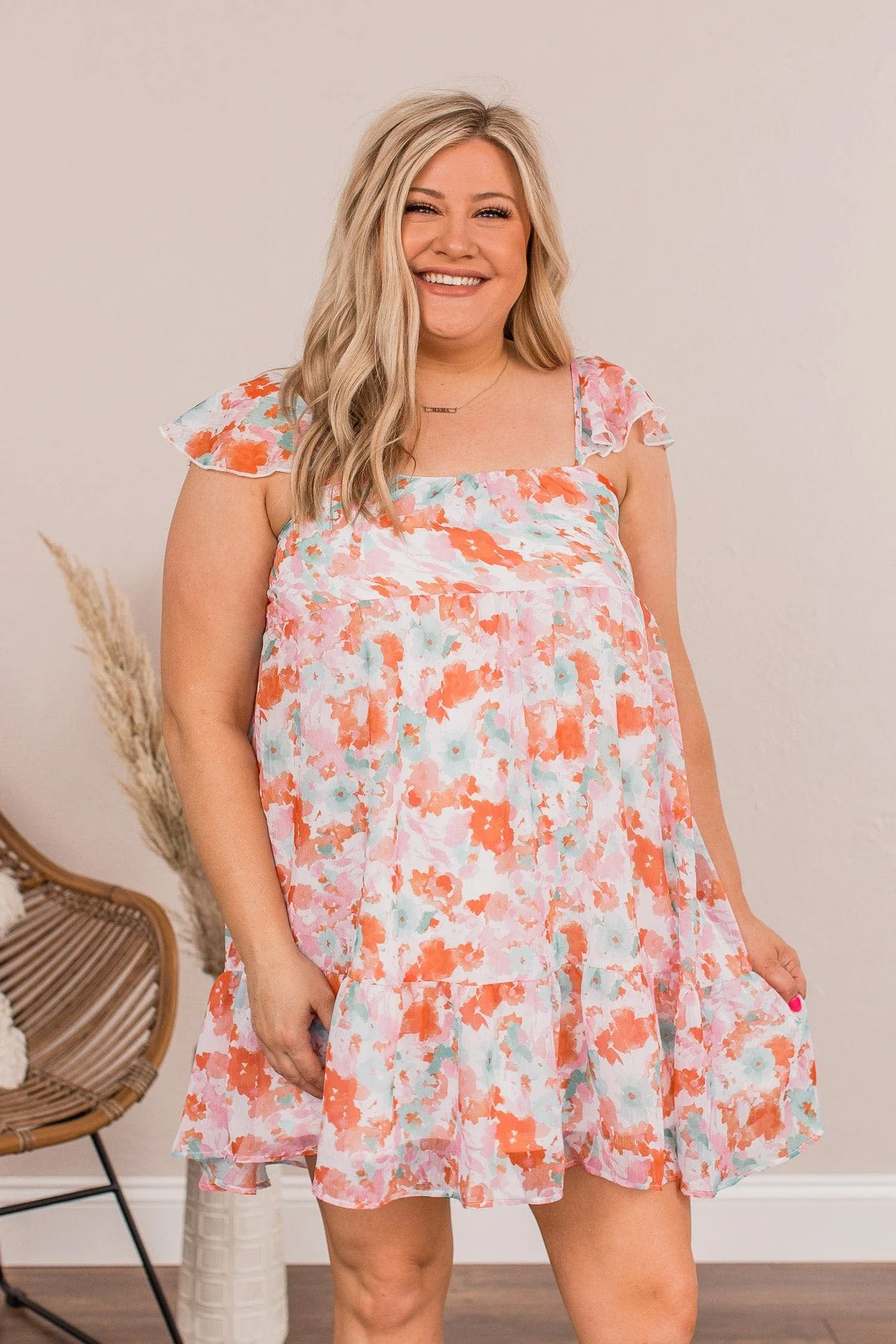 Uplifting Confidence Babydoll Mini Dress- Coral & Green - Image 3