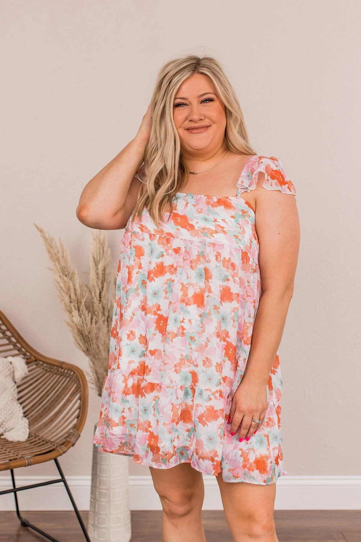 Uplifting Confidence Babydoll Mini Dress- Coral & Green - Image 5