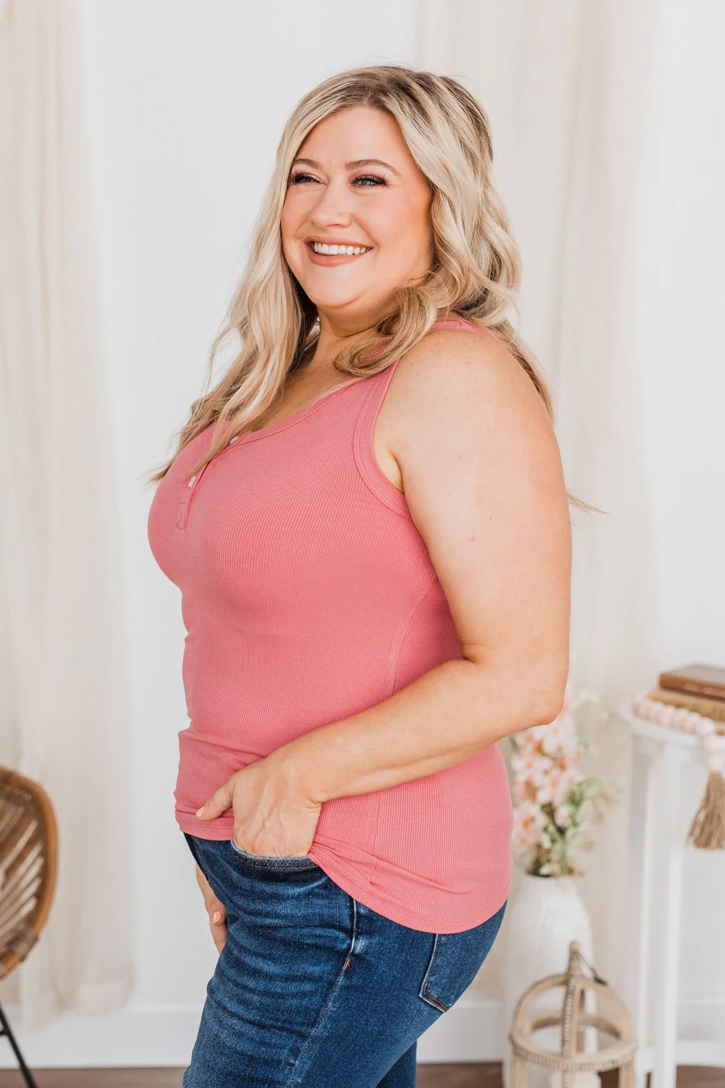 Uplifting Spirits Button Henley Tank Top- Berry - Image 7