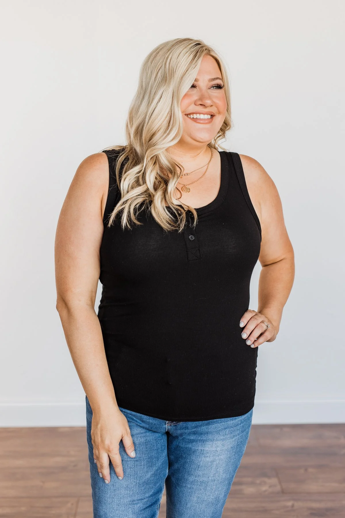 Uplifting Spirits Button Henley Tank Top- Black - Image 2