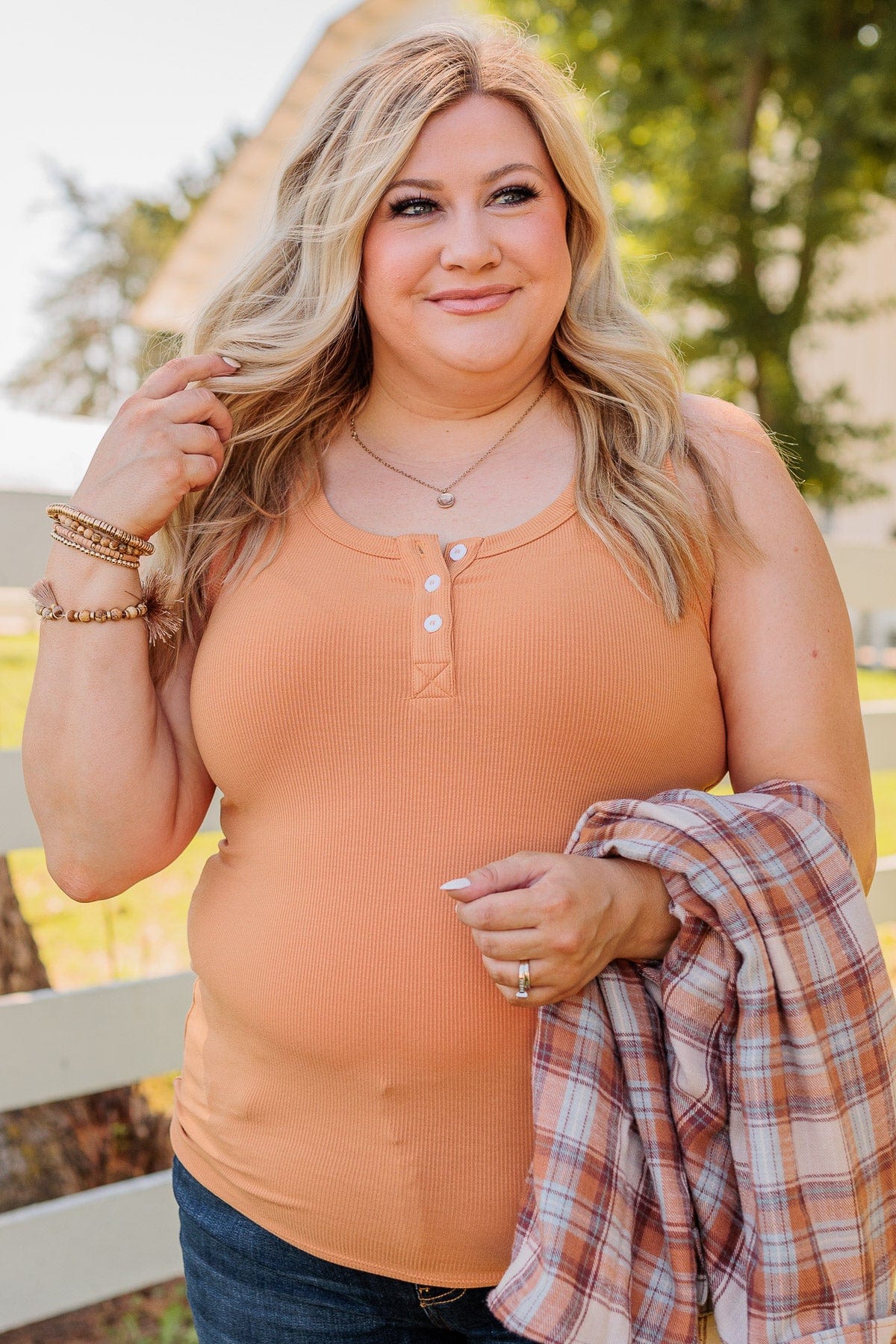 Uplifting Spirits Button Henley Tank Top- Dark Apricot - Image 4
