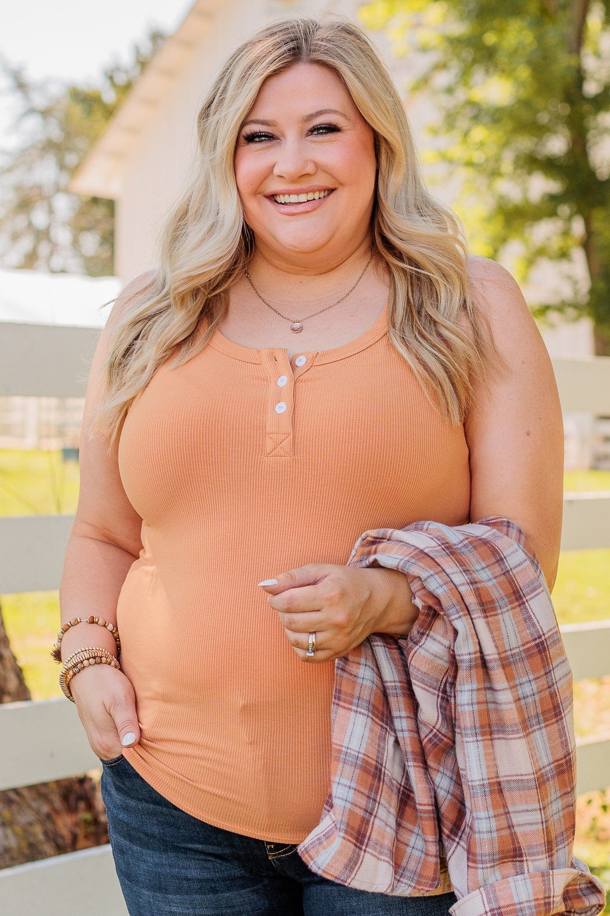 Uplifting Spirits Button Henley Tank Top- Dark Apricot - Image 7