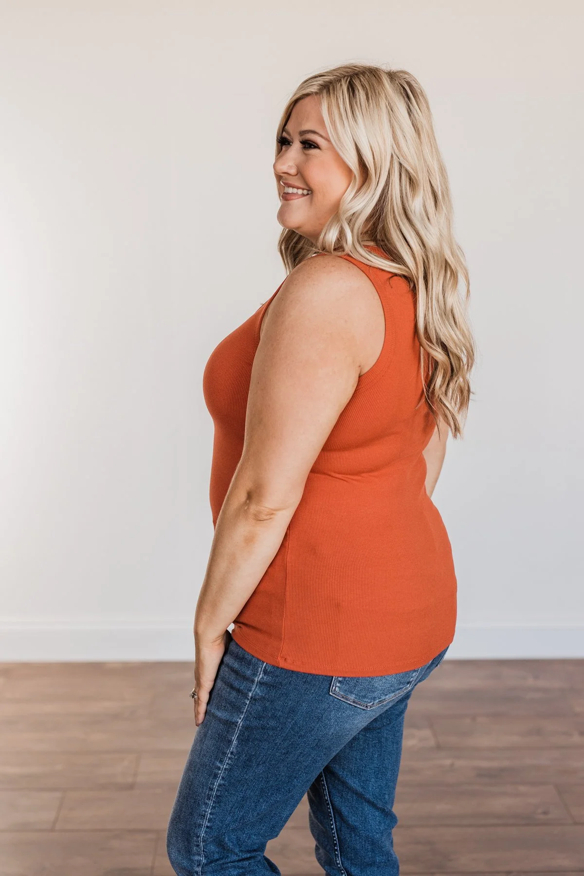 Uplifting Spirits Button Henley Tank Top- Burnt Orange - Image 11
