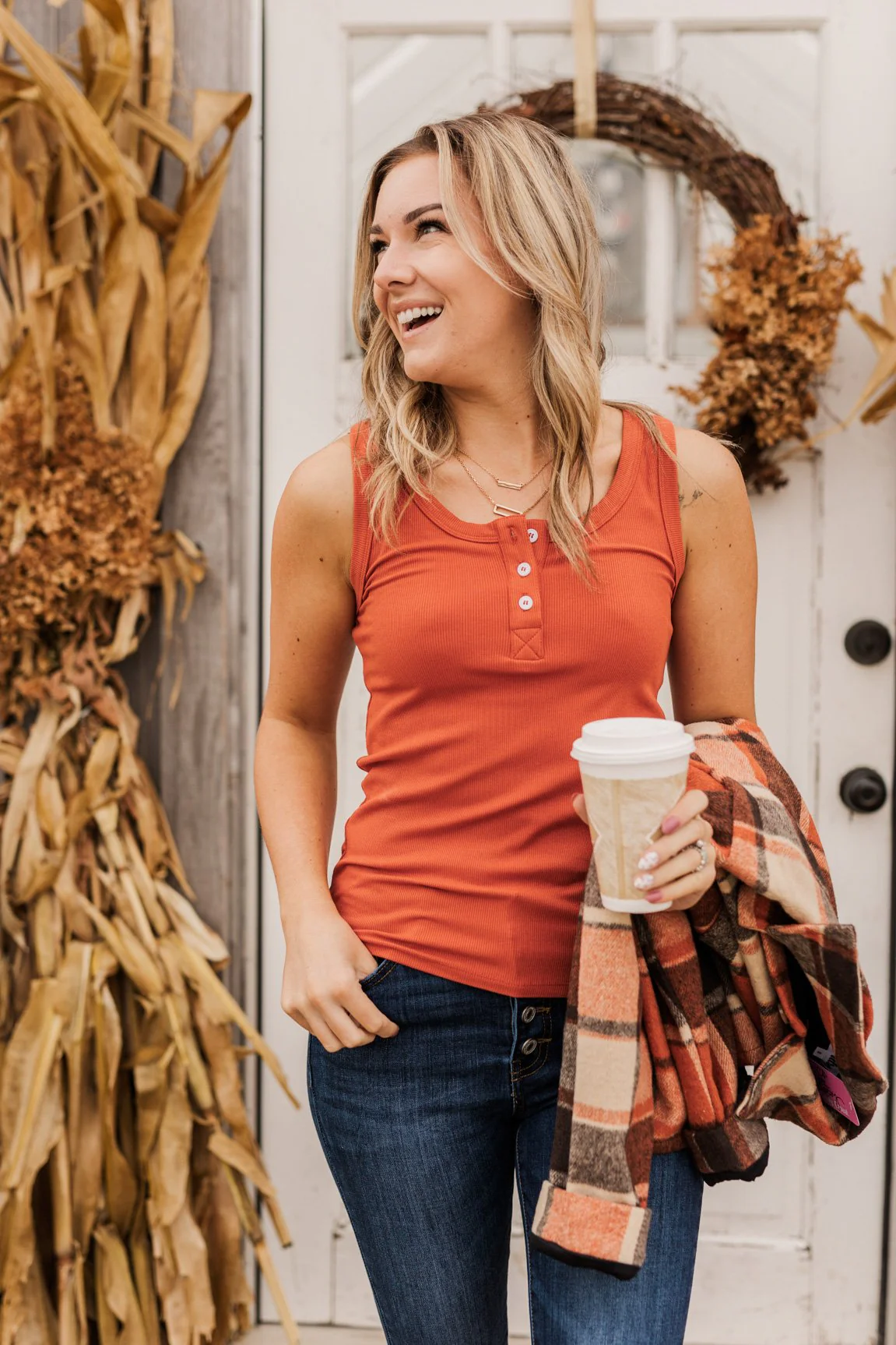 Uplifting Spirits Button Henley Tank Top- Burnt Orange - Image 2