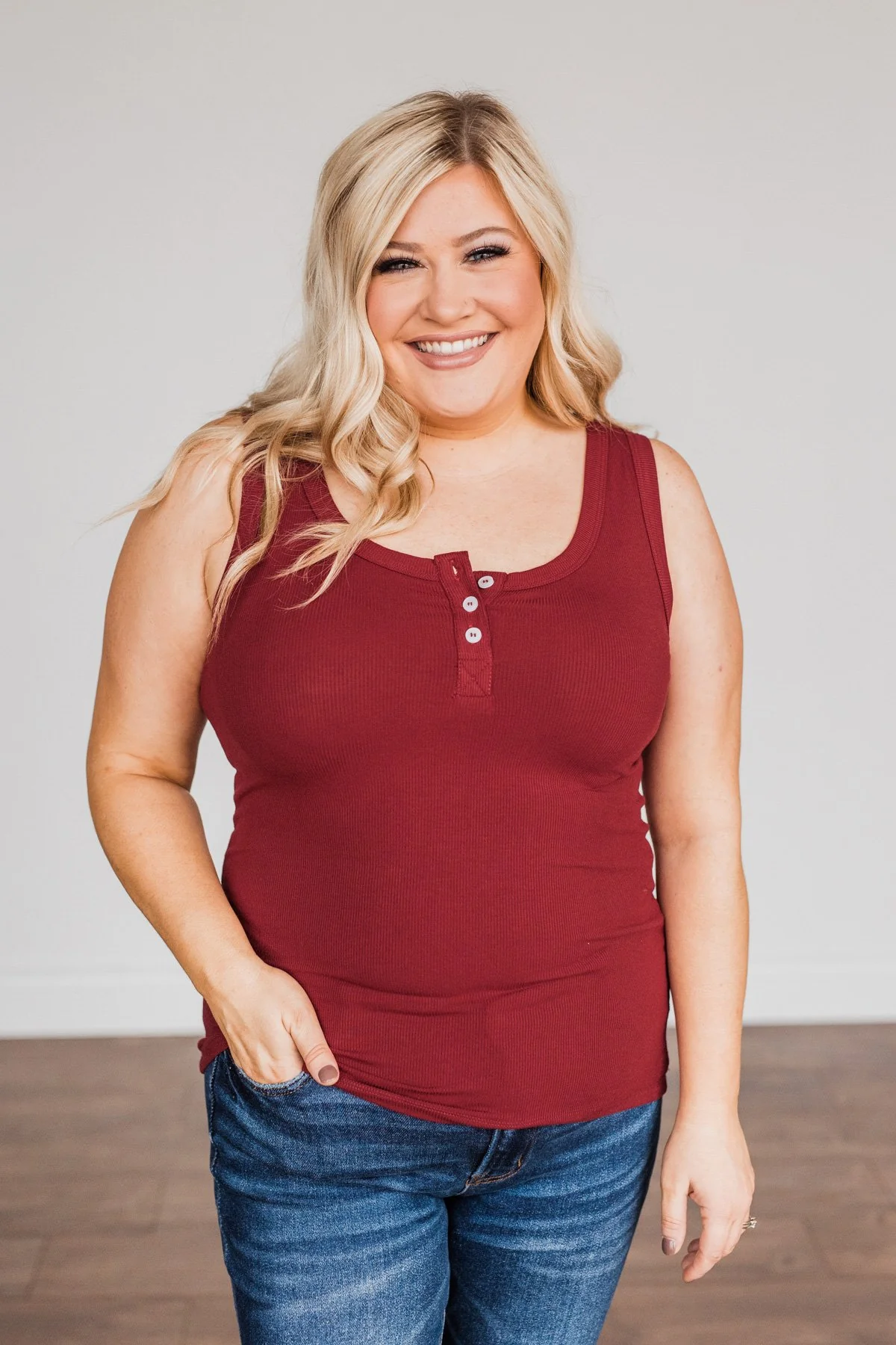 Uplifting Spirits Button Henley Tank Top- Cranberry - Image 5