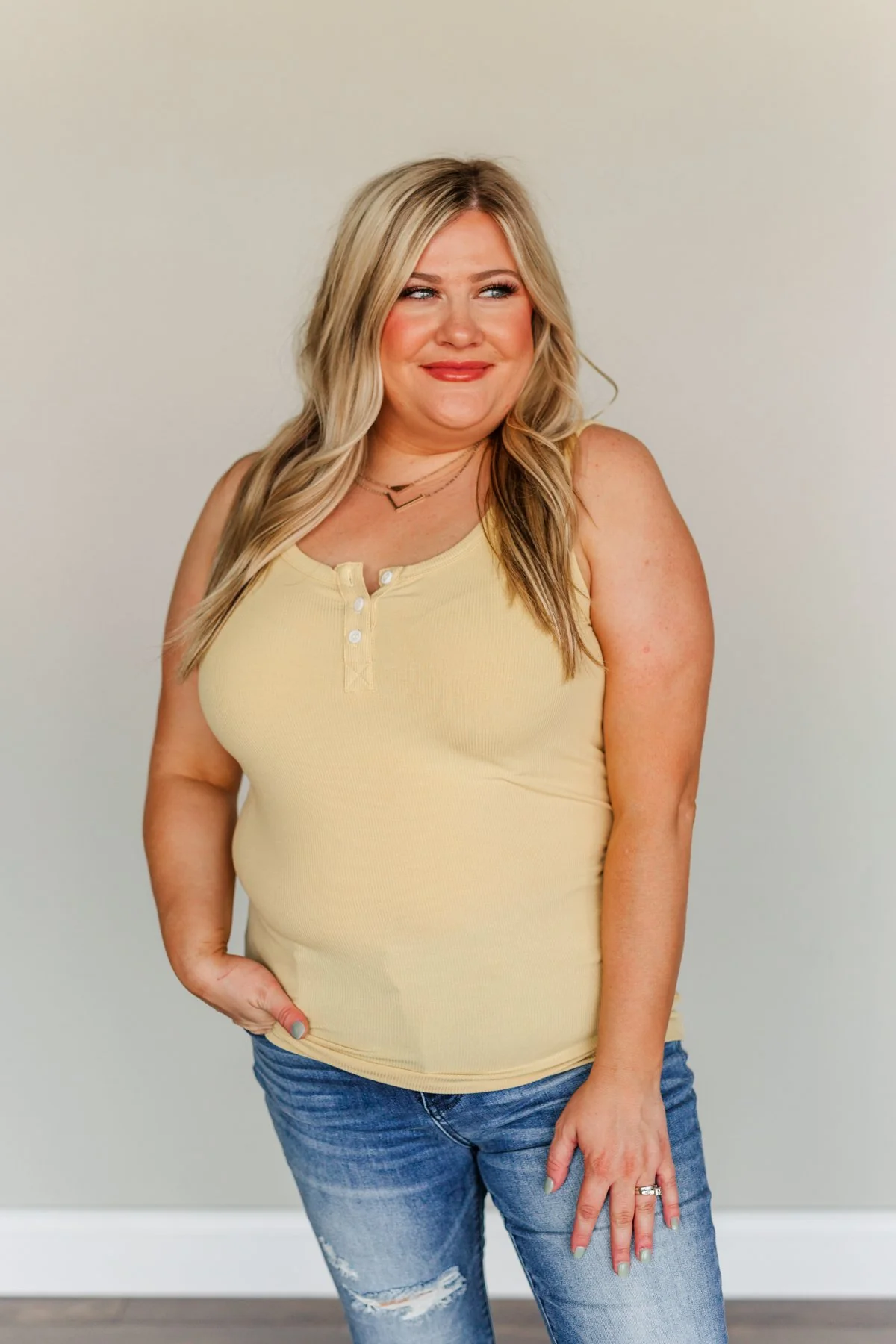 Uplifting Spirits Button Henley Tank Top- Dusty Yellow - Image 4