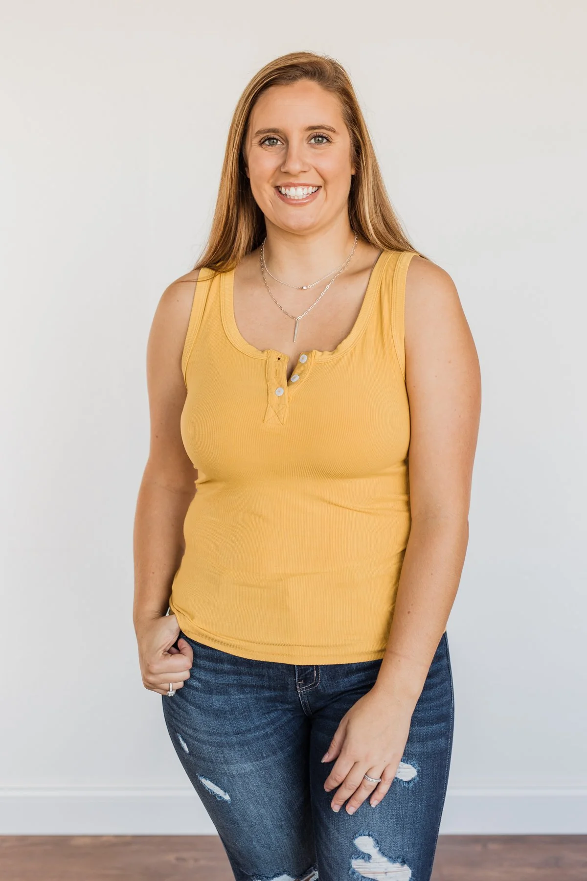 Uplifting Spirits Button Henley Tank Top- Golden Yellow - Image 4