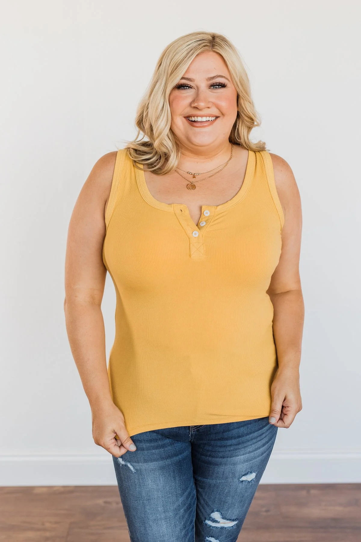 Uplifting Spirits Button Henley Tank Top- Golden Yellow - Image 5