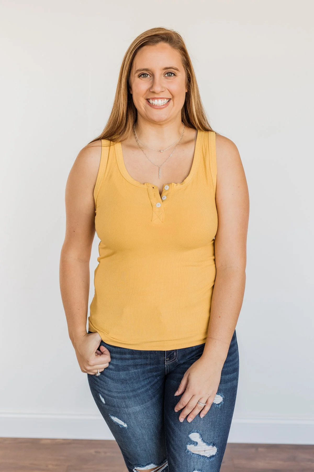 Uplifting Spirits Button Henley Tank Top- Golden Yellow - Image 6