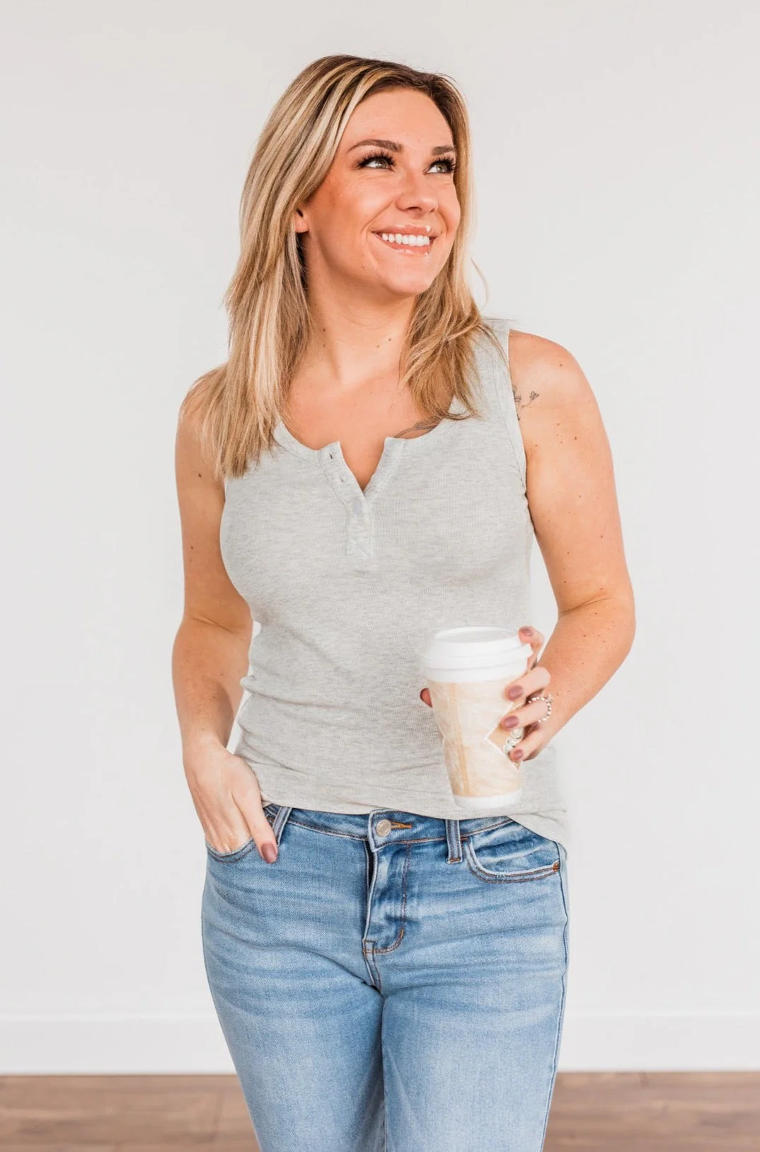 Uplifting Spirits Button Henley Tank Top- Heather Grey - Image 3