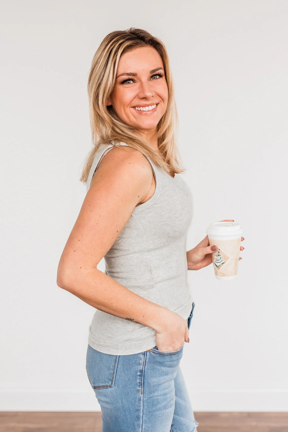 Uplifting Spirits Button Henley Tank Top- Heather Grey - Image 6