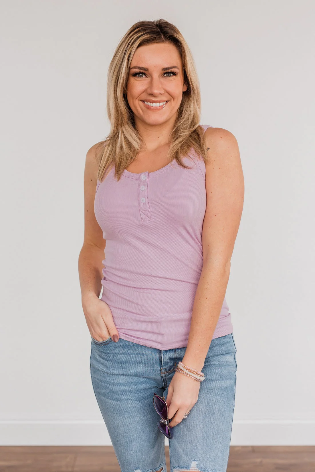 Uplifting Spirits Button Henley Tank Top- Lilac - Image 2