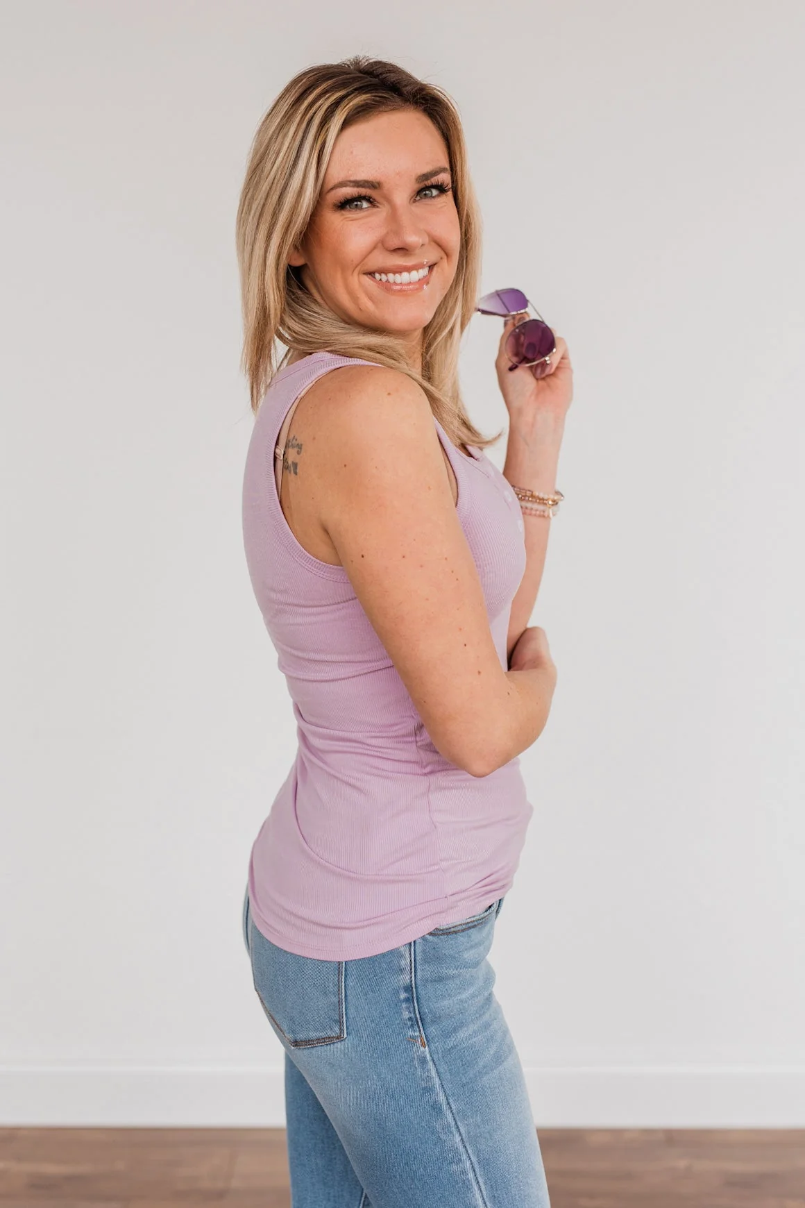 Uplifting Spirits Button Henley Tank Top- Lilac - Image 9