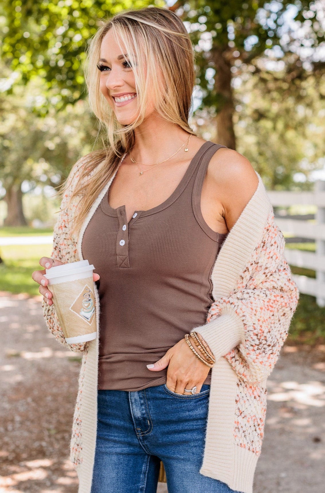 Uplifting Spirits Button Henley Tank Top- Mocha - Image 5