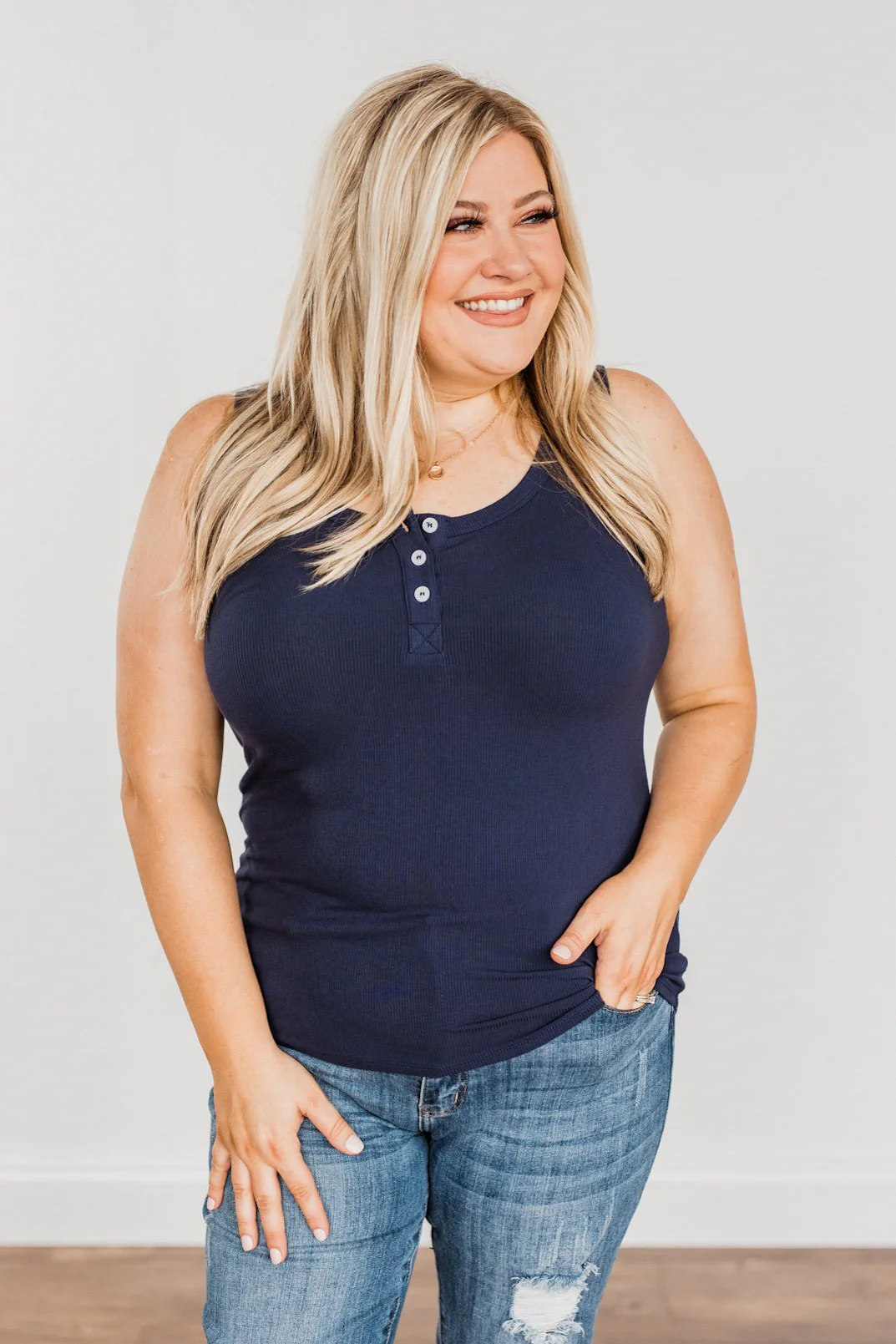 Uplifting Spirits Button Henley Tank Top- Navy - Image 5