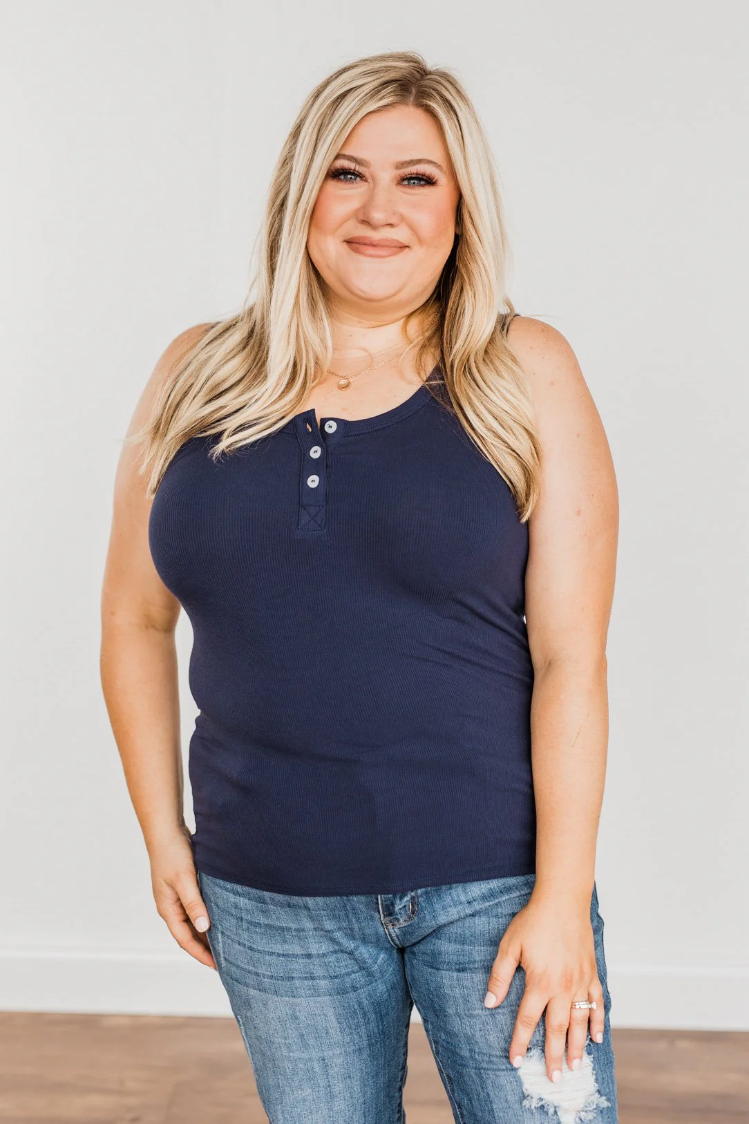 Uplifting Spirits Button Henley Tank Top- Navy - Image 7