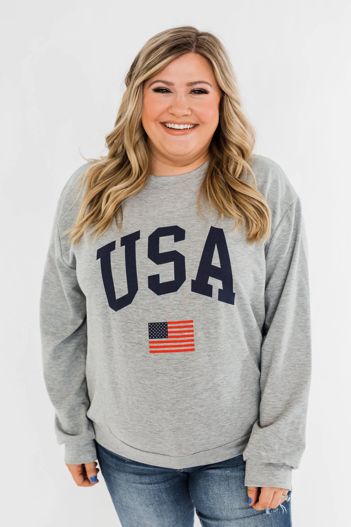 "USA" American Flag Graphic Pullover Top- Grey - Image 5