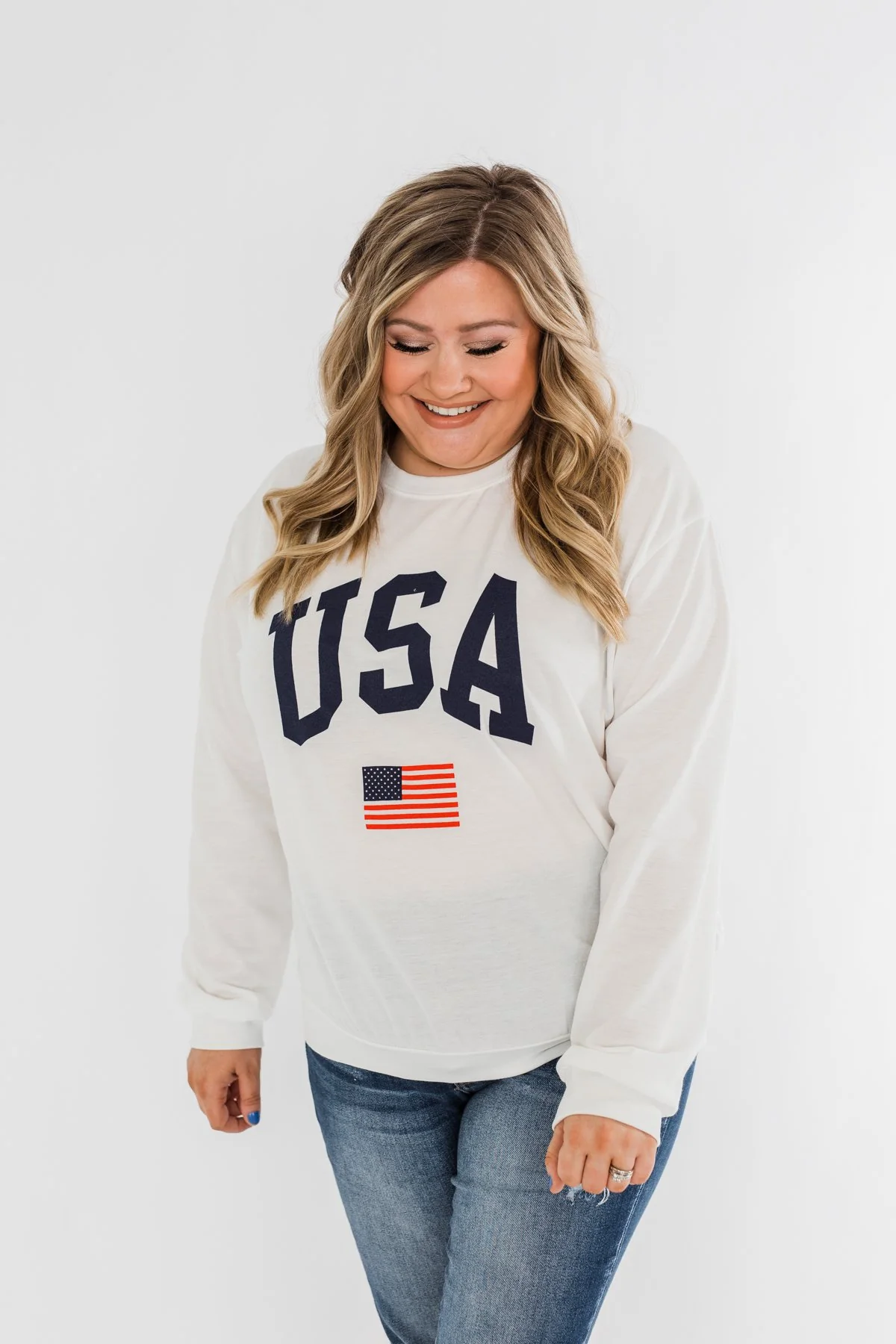 "USA" American Flag Graphic Pullover Top- Ivory - Image 6