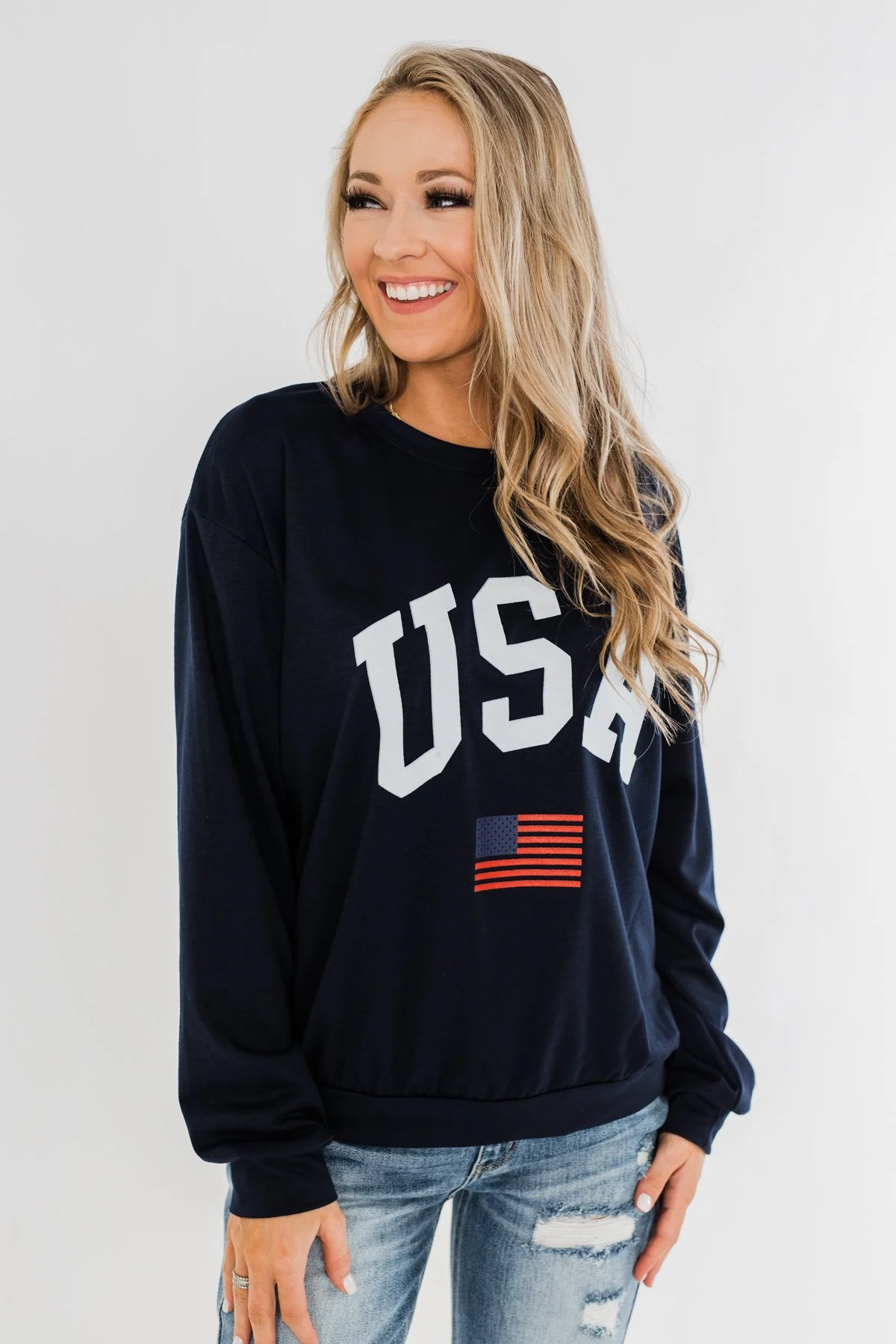 "USA" American Flag Graphic Pullover Top- Navy - Image 4