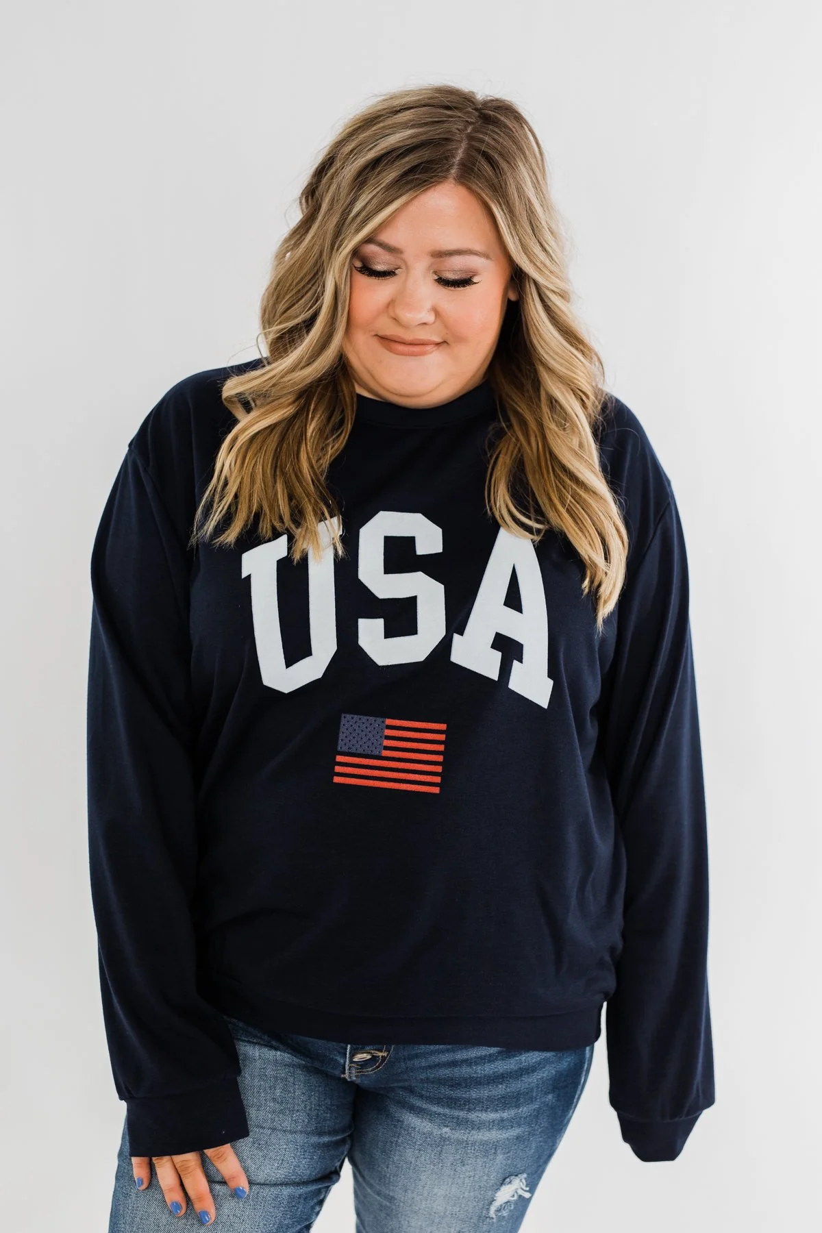"USA" American Flag Graphic Pullover Top- Navy - Image 5