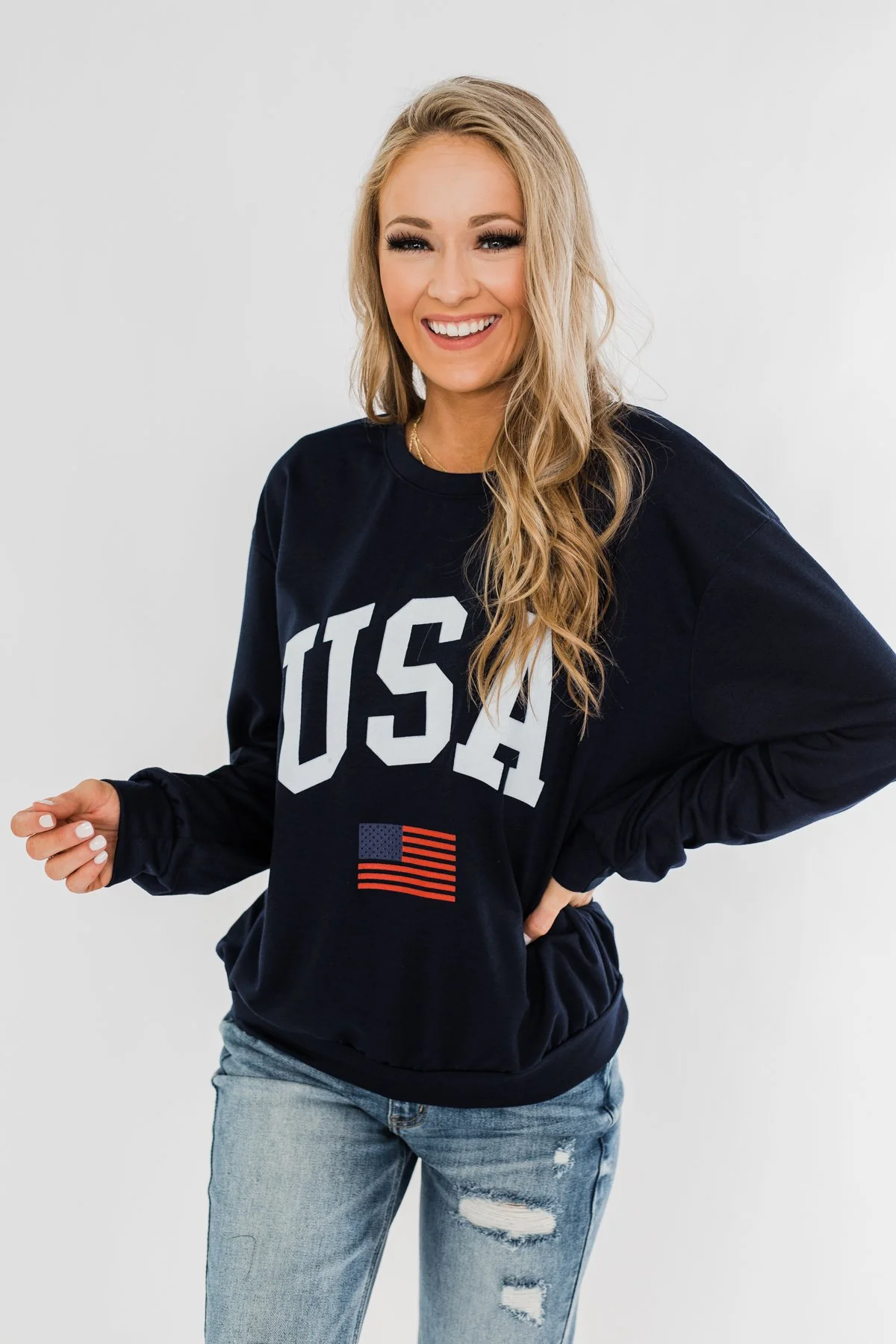 "USA" American Flag Graphic Pullover Top- Navy - Image 6